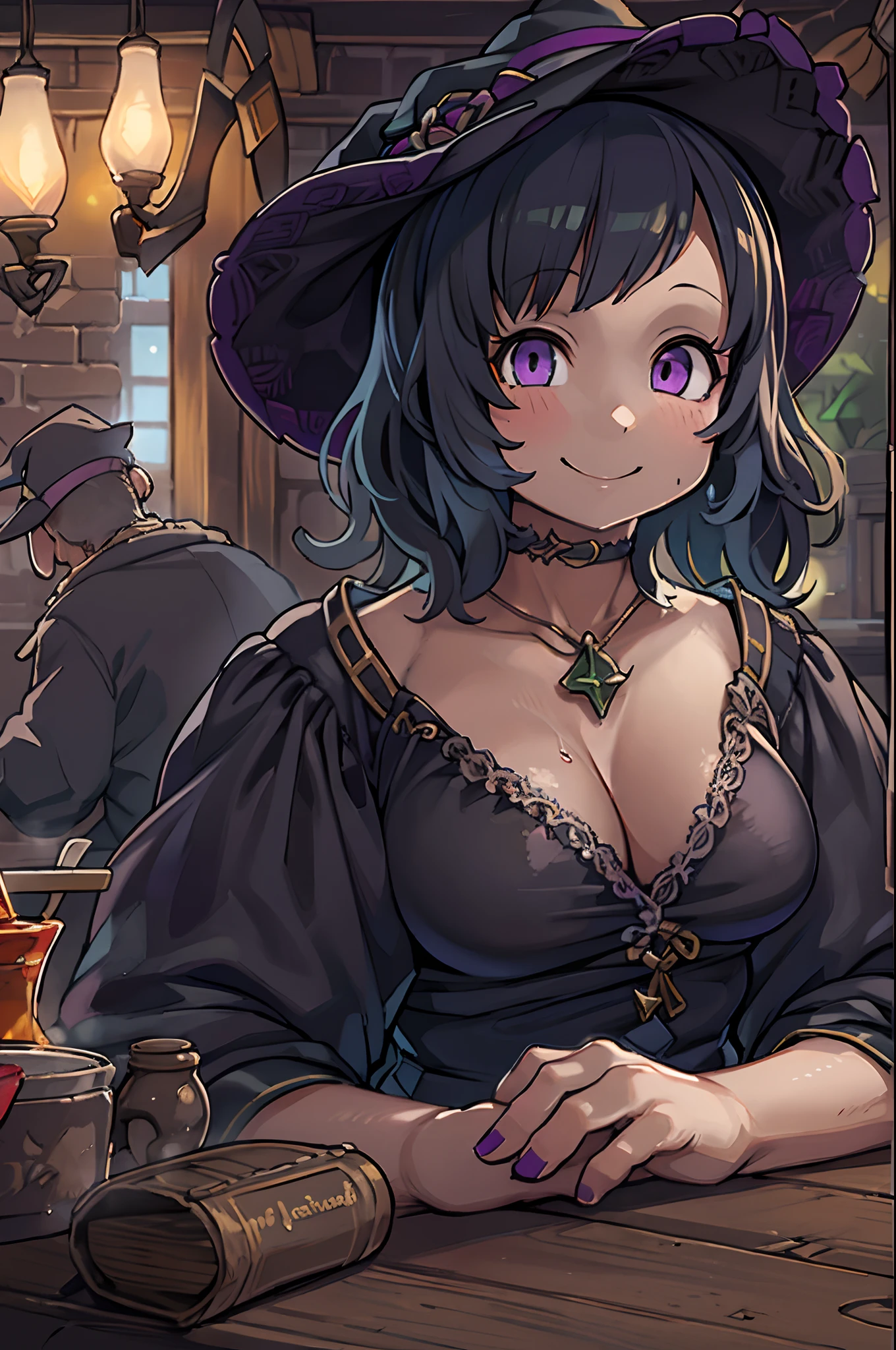 beautiful witch female, With short black hair, Purple eyes, Big Bust, Dressed witch's clothes, Sitting in a tavern and smiling, Realistic, Full-HD, Best Quality