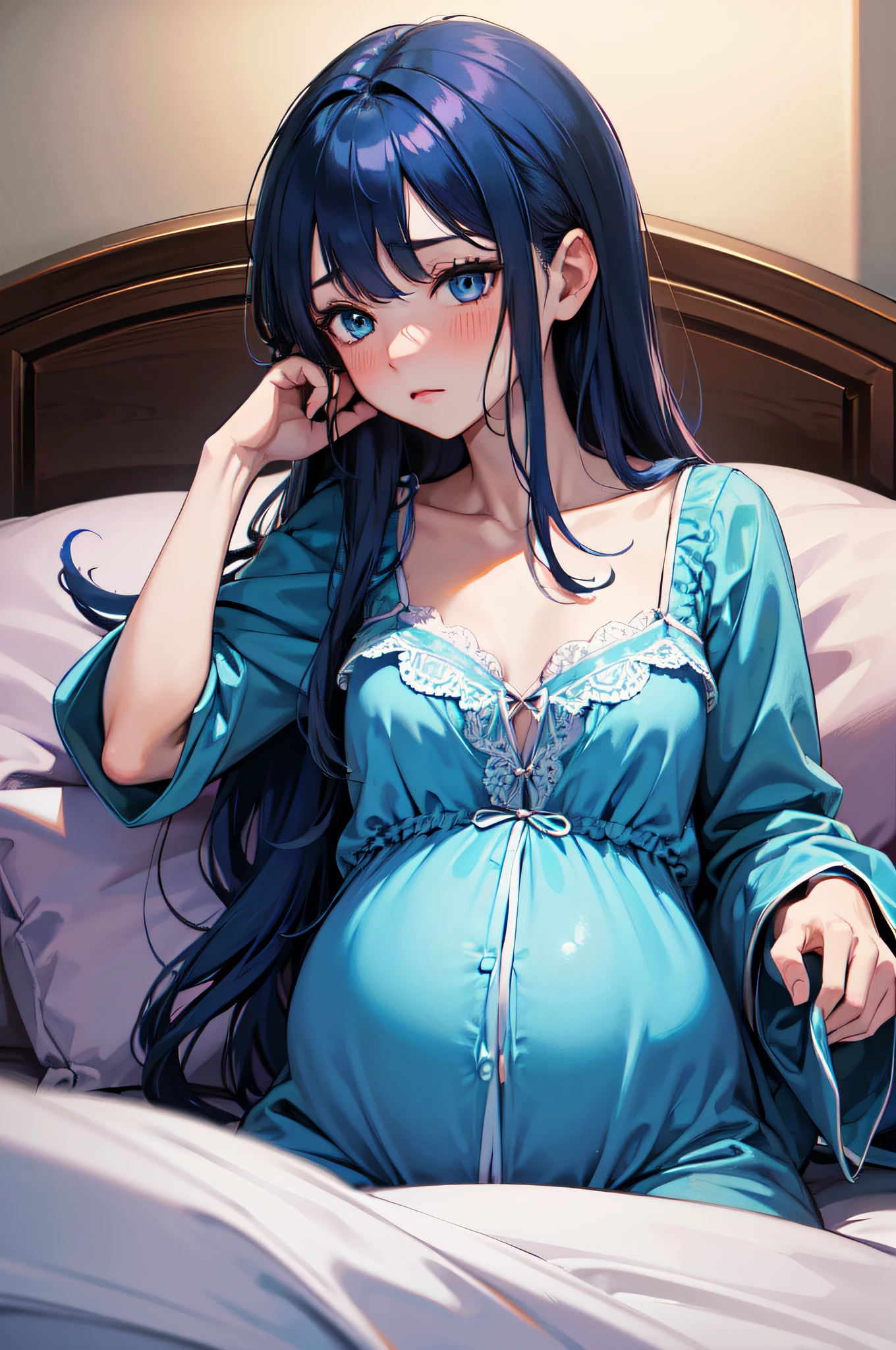((SFW)) masterpiece, 1girl in, two-toned hair、The long-haired、sleeping pajamas, pregnant, Asian, Bed、looking at viewer, happy smile, blush