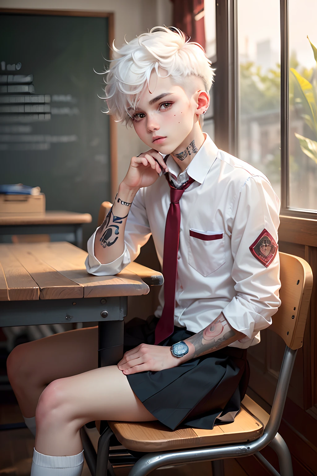 boy, short messy fade cut red mixed white hair, emo, white boy school uniform, necktie, cute pose, tatoo, sitting on his chair table