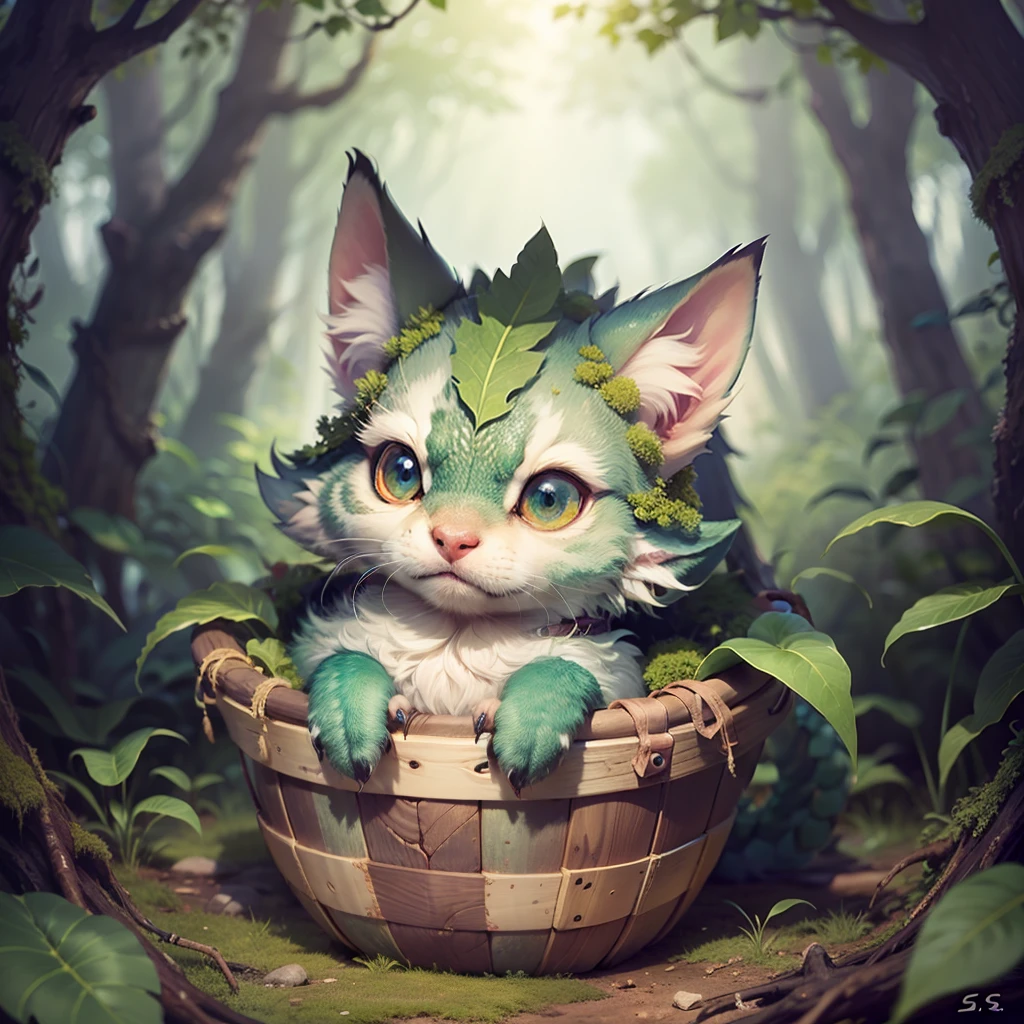 fluffy, curious dragon in a basket. detailed fur, big eyes. In a mossy forest --auto --s2