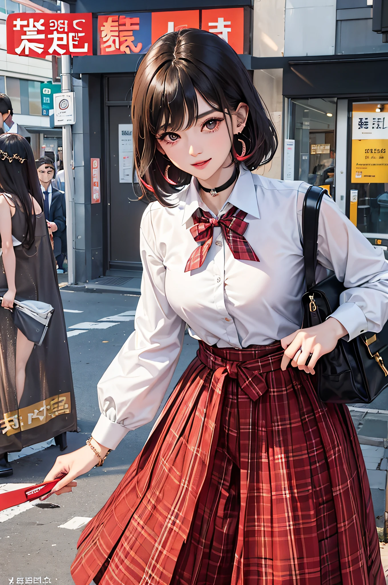 masterpiece, top-quality, full bodyesbian, 1girl, bangss, Black choker, Black tie, Brown-haired hair, a blue skirt, red blush, A bracelet, breastsout, a choker, Clothing around the waist, 鎖骨, shirt with collar, cowboy shot, dress shirts, ear piercings, eyebrows visible through hair, gradation hair, Grinning, gals, jewely, Kogal, shorth hair, looking at the viewers, Loose tie, neck tie, piercings, Plaid, Plaid skirt, pleatedskirt, red eyes, the ring, 校服, The shirt, skirt by the, a smile, 独奏, white shirt, a street, Skysky, cherry trees, flower petals,diagrams, (magazine:1.3), (cover-style:1.3), Fashionable, femele, with a vibrant, outfits, the pose, the front, Colorful, Dynamic, Background with, element, self-assured, expresive, ngel, statement, accessorized, An majestic, coil, surroundings, touch, The scene, Texto, covers, It's bold, captures the attention, titles, stylish, font, It's catchy, headline, The large, Impressive, moderno, Trendy, focus, lo fashion,