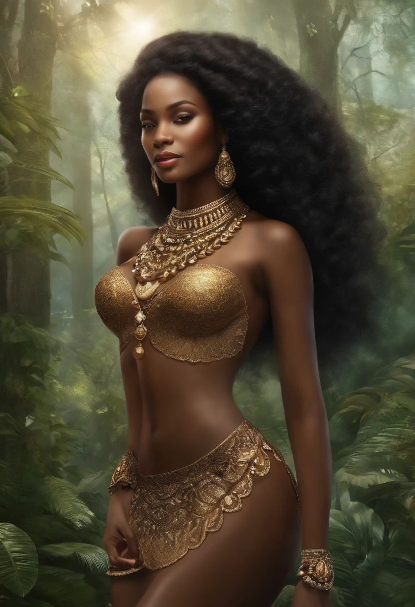 Illustration of black woman, Princesa da Floresta, universo de fantasia, Sem roupa no corpo. com seios descoberto e suas parte intimas bem exposta sem sensura focando bem na vagina grande molhada e exitada de pernas abeta bem definida
