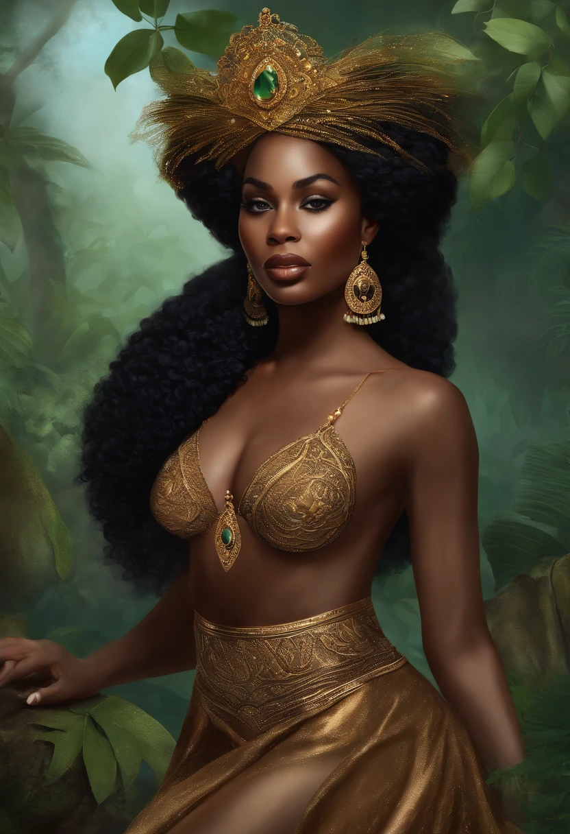 Illustration of black woman, Princesa da Floresta, universo de fantasia, Sem roupa no corpo. com seios descoberto e suas parte intimas bem exposta sem sensura focando bem na vagina grande molhada e exitada de pernas abeta bem definida