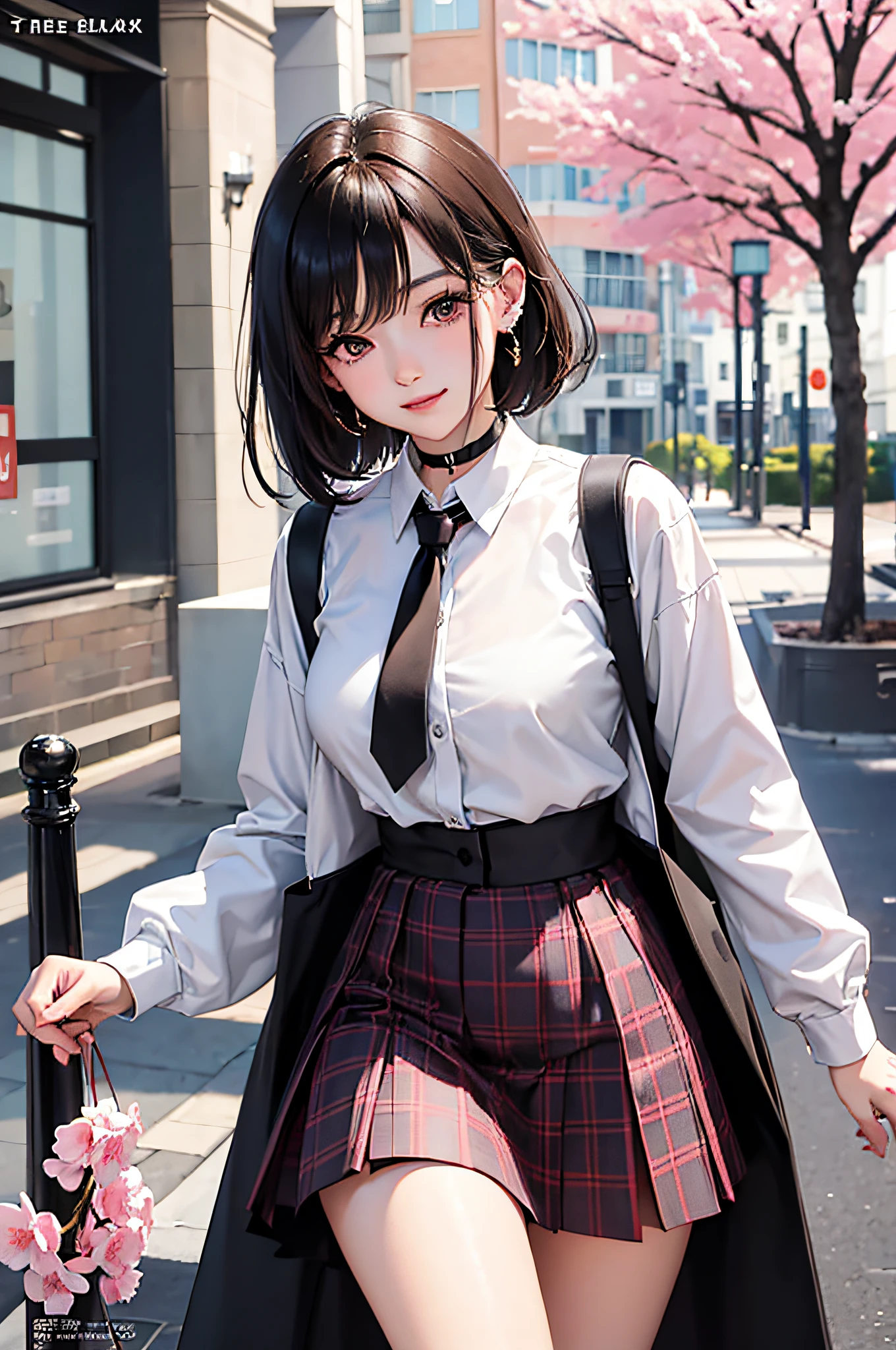 masterpiece, top-quality, full bodyesbian, 1girl, bangss, Black choker, Black tie, Brown-haired hair, a blue skirt, red blush, A bracelet, breastsout, a choker, Clothing around the waist, 鎖骨, shirt with collar, cowboy shot, dress shirts, ear piercings, eyebrows visible through hair, gradation hair, Grinning, gals, jewely, Kogal, shorth hair, looking at the viewers, Loose tie, neck tie, piercings, Plaid, Plaid skirt, pleatedskirt, red eyes, the ring, 校服, The shirt, skirt by the, a smile, 独奏, white shirt, a street, Skysky, cherry trees, flower petals,diagrams, (magazine:1.3), (cover-style:1.3), Fashionable, femele, with a vibrant, outfits, the pose, the front, Colorful, Dynamic, Background with, element, self-assured, expresive, ngel, statement, accessorized, An majestic, coil, surroundings, touch, The scene, Texto, covers, It's bold, captures the attention, titles, stylish, font, It's catchy, headline, The large, Impressive, moderno, Trendy, focus, lo fashion,