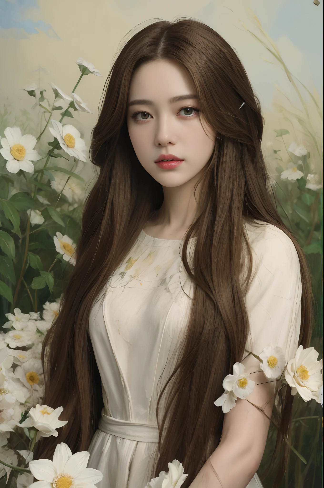 (oil painting:1.5), \\ A woman with long light brown hair and white flowers in her hair lies in a field of white flowers.., (Amy Soul:0.248), (Stanley Artgerm Lau:0.106), (Detailed drawings:0.353), (gothic art:0.106)