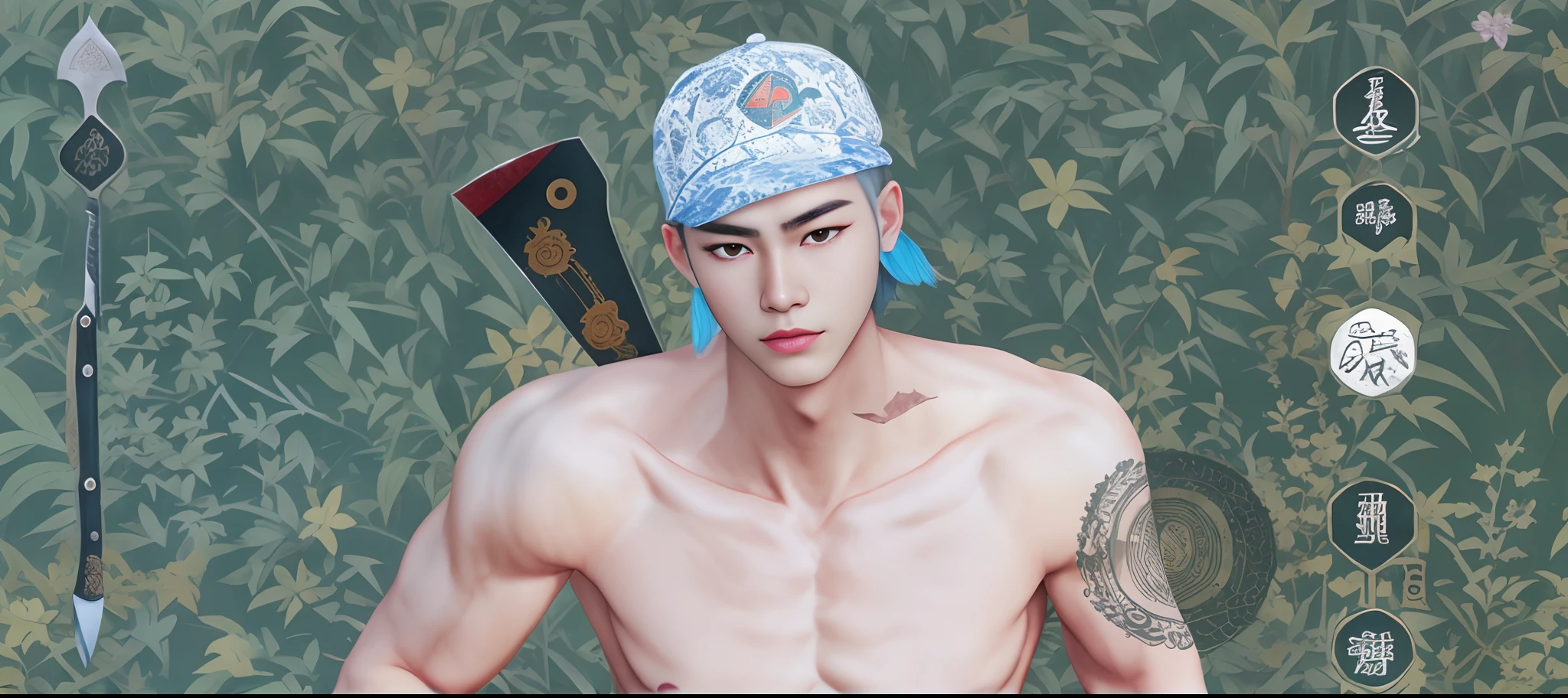 there is a man with a hat and a knife in his hand, tane skin, extreme detail skin, wielding knife, wielding a fish sword, gapmoe yandere, skin : tjalf sparnaay, inspired by Dai Jin, detailed skin, inspired by Bian Shoumin, with rap cap on head, inspired by Wuzhun Shifan
