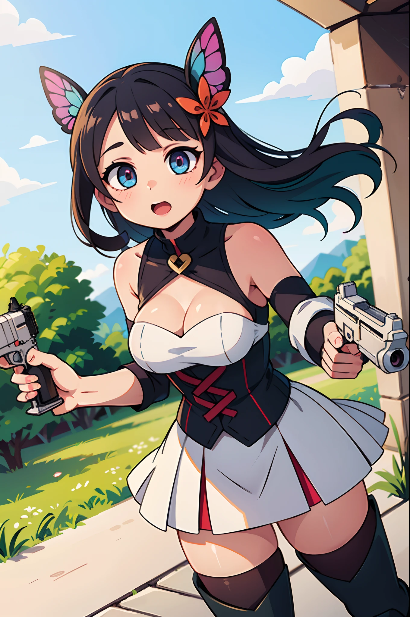 Octane Render、(Hyper-detailing: 1.15)、cinematic lightening、Cute Fantasy Princess、Handgun shooting practice、Fine Pattern Pistol,long boots、ultradetailed eyes、Full Paint、(Floral hair ornament、butterfly hair ornament)、masutepiece、Anatomically correct、blur、depth of fields