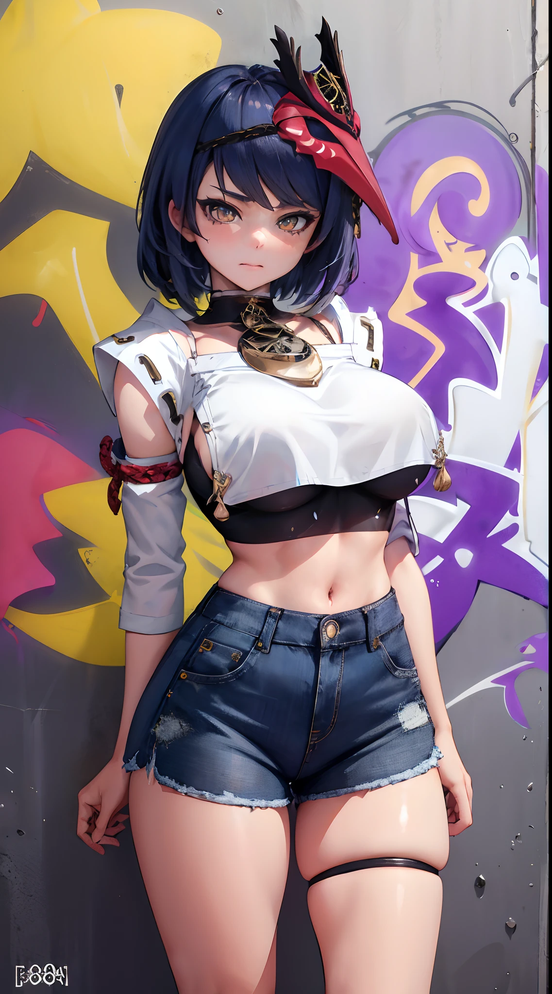 Kujou Sara Genshin Effect, masterpiece, bestquality, 1girls, bara, crop top, shorts jeans, choker, (Graffiti:1.5), color splashes, arm behind back, against wall, looking at the audience, bracelet, Thigh strap, Paint on the body................., Head tilt, bored, multicolored hair, water eyes, headset,