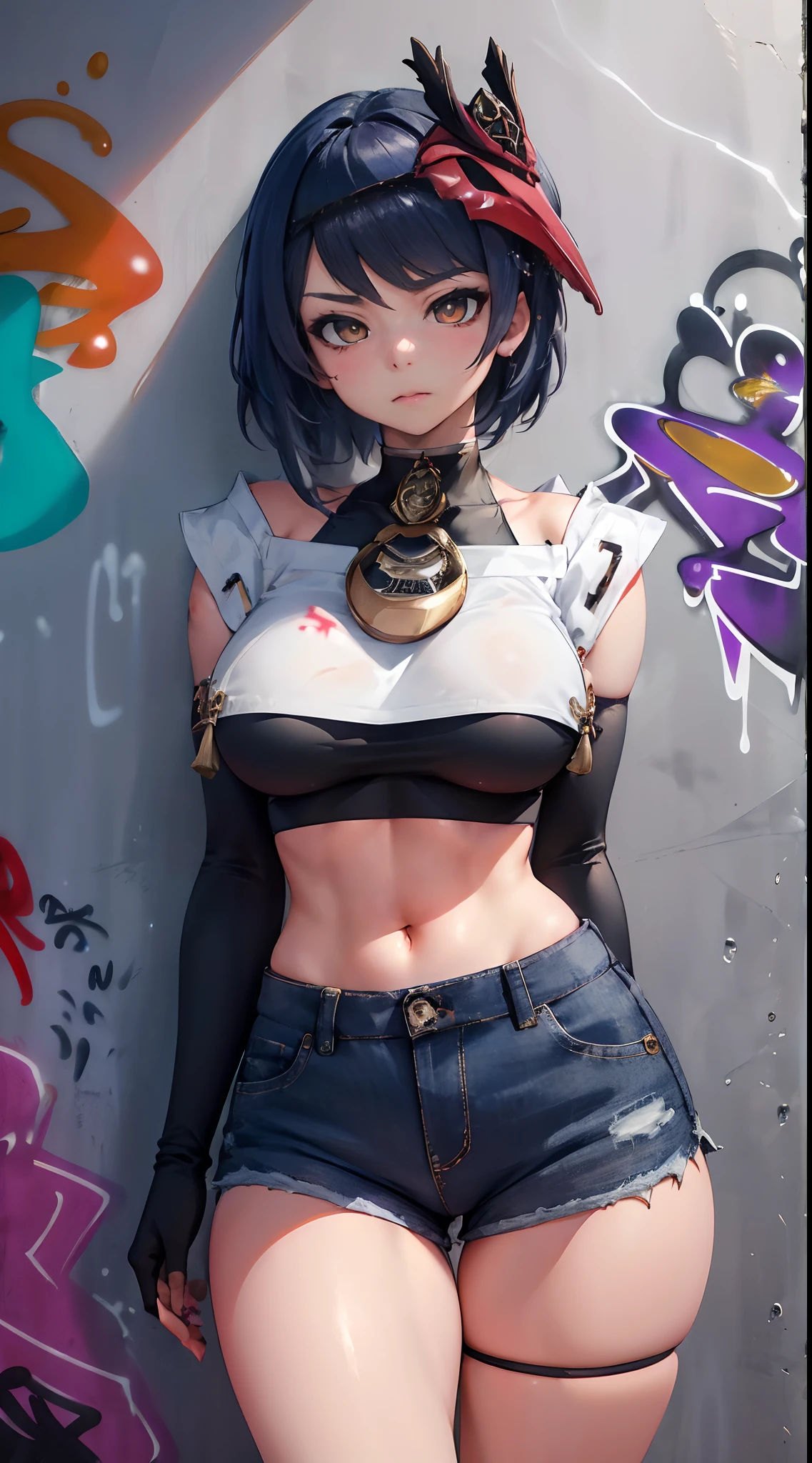 Kujou Sara Genshin Effect, masterpiece, bestquality, 1girls, oversized breasts, bara, crop top, shorts jeans, choker, (Graffiti:1.5), Splash with purple lightning pattern., arm behind back, against wall, View viewers from the front., Thigh strap, Head tilt, bored, water eyes,