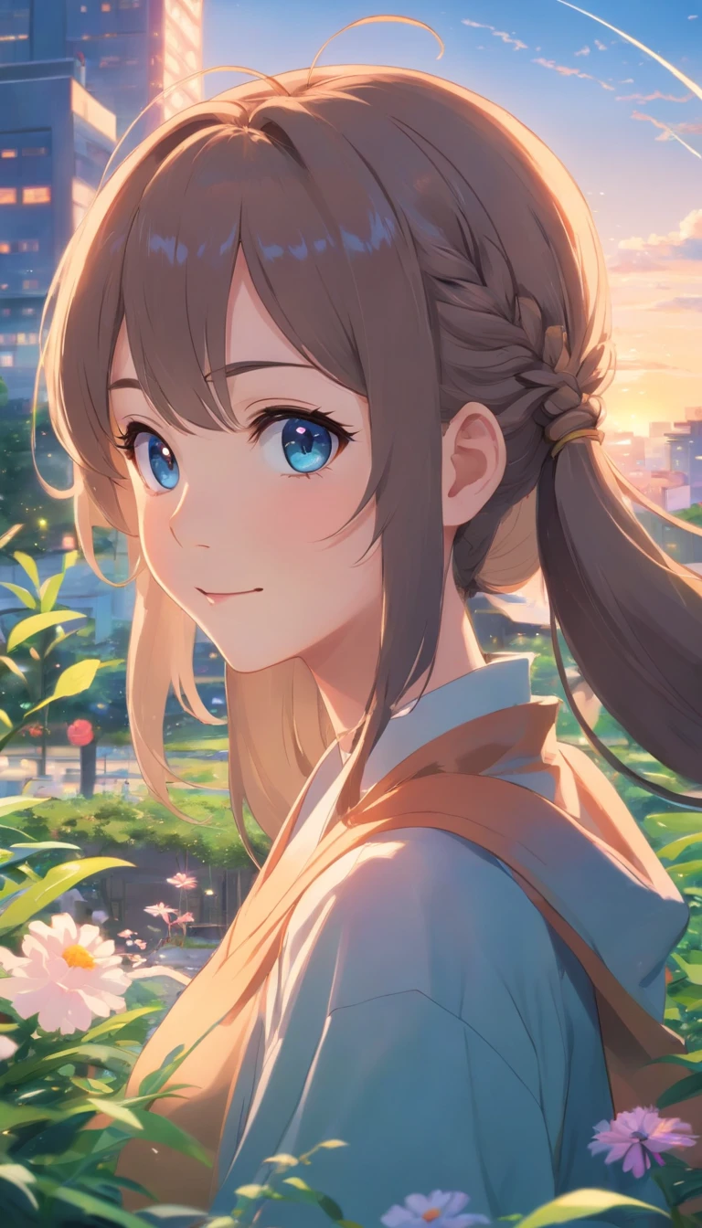 Best quality at best,tmasterpiece,The is very detailed,Face details,8K, detailed back ground,1girll,独奏,Silver hair,eBlue eyes,pigtails,long whitr hair,wavey hair,voluminous hair,pony tails,french braid,Blushlush,ssmile,Shawl,Chinese city,Chinese service,the night,themoon,scenecy,high place,horizon,ventania,wind blown,flowerbed,looking at viewert