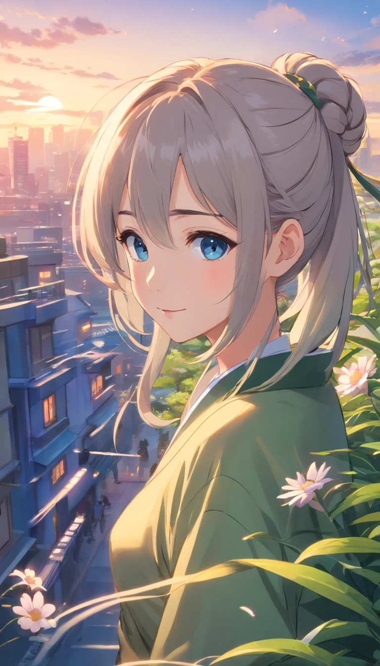 Best quality at best,tmasterpiece,The is very detailed,Face details,8K, detailed back ground,1girll,独奏,Silver hair,eBlue eyes,pigtails,long whitr hair,wavey hair,voluminous hair,pony tails,french braid,Blushlush,ssmile,Shawl,Chinese city,Chinese service,the night,themoon,scenecy,high place,horizon,ventania,wind blown,flowerbed,looking at viewert