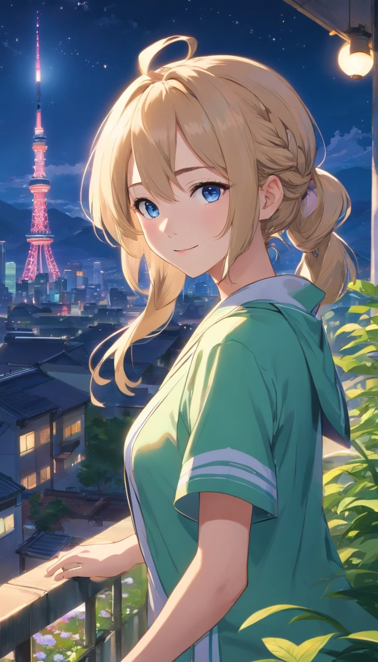 Best quality at best，tmasterpiece，The is very detailed，Face details，8K, detailed back ground，1girll，独奏，Silver hair，eBlue eyes，pigtails，long whitr hair，wavey hair，voluminous hair，pony tails，french braid，Blushlush，ssmile，Shawl，Chinese city，Chinese service，the night，themoon，scenecy，high place，horizon，ventania，wind blown，flowerbed，looking at viewert