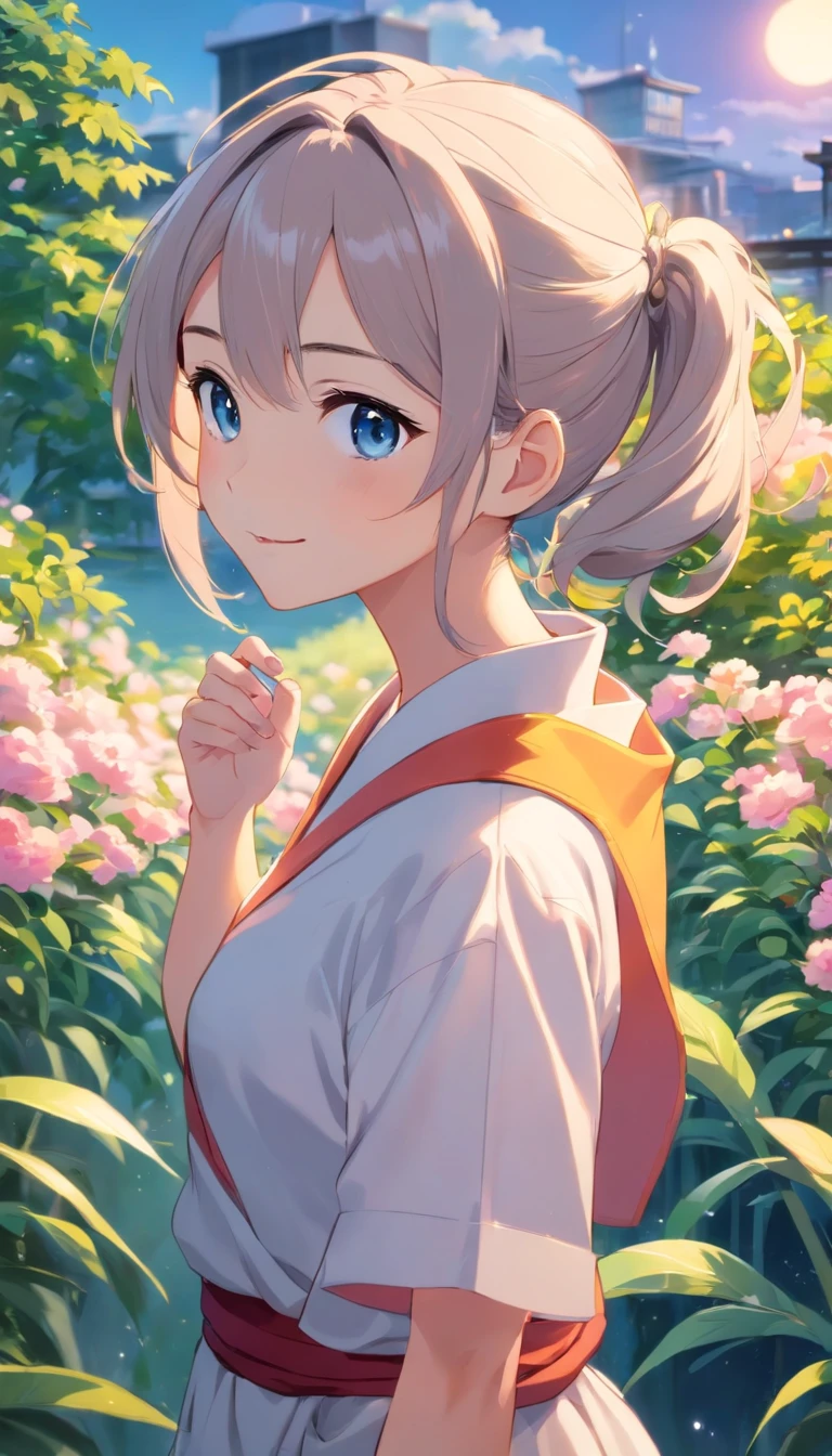 Best quality at best,tmasterpiece,The is very detailed,Face details,8K, detailed back ground,1girll,独奏,Silver hair,eBlue eyes,pigtails,long whitr hair,wavey hair,voluminous hair,pony tails,french braid,Blushlush,ssmile,Shawl,Chinese city,Chinese service,the night,themoon,scenecy,high place,horizon,ventania,wind blown,flowerbed,looking at viewert
