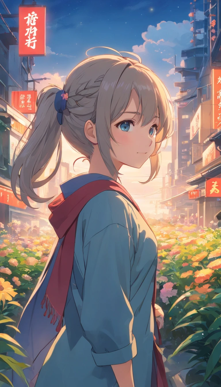 Best quality at best，tmasterpiece，The is very detailed，Face details，8K, detailed back ground，1girll，独奏，Silver hair，eBlue eyes，pigtails，long whitr hair，wavey hair，voluminous hair，pony tails，french braid，Blushlush，ssmile，Shawl，Chinese city，Chinese service，the night，themoon，scenecy，high place，horizon，ventania，wind blown，flowerbed，looking at viewert