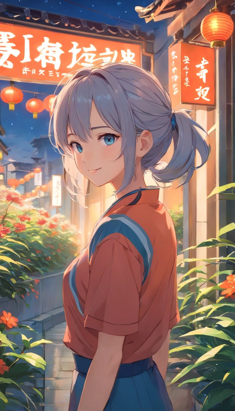 Best quality at best，tmasterpiece，The is very detailed，Face details，8K, detailed back ground，1girll，独奏，Silver hair，eBlue eyes，pigtails，long whitr hair，wavey hair，voluminous hair，pony tails，french braid，Blushlush，ssmile，Shawl，Chinese city，Chinese service，the night，themoon，scenecy，high place，horizon，ventania，wind blown，flowerbed，looking at viewert