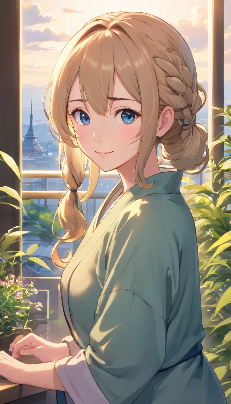 Best quality at best,tmasterpiece,The is very detailed,Face details,8K, detailed back ground,1girll,独奏,Silver hair,eBlue eyes,pigtails,long whitr hair,wavey hair,voluminous hair,pony tails,french braid,Blushlush,ssmile,Shawl,Chinese city,Chinese service,the night,themoon,scenecy,high place,horizon,ventania,wind blown,flowerbed,looking at viewert