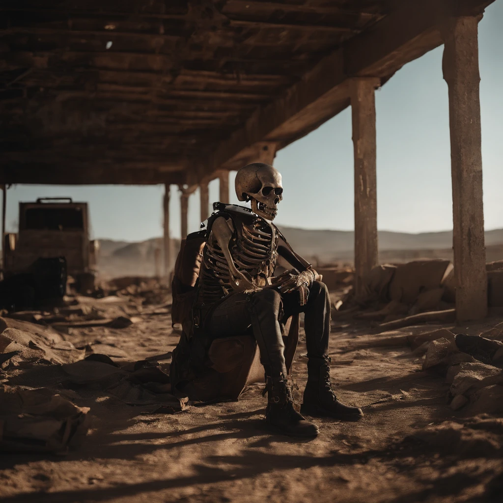 (((Post apocalyptic scenario, Desolate atmosphere, Dystopian landscape))) madmax,Postmodern wasteland punk style,Skeleton Singer