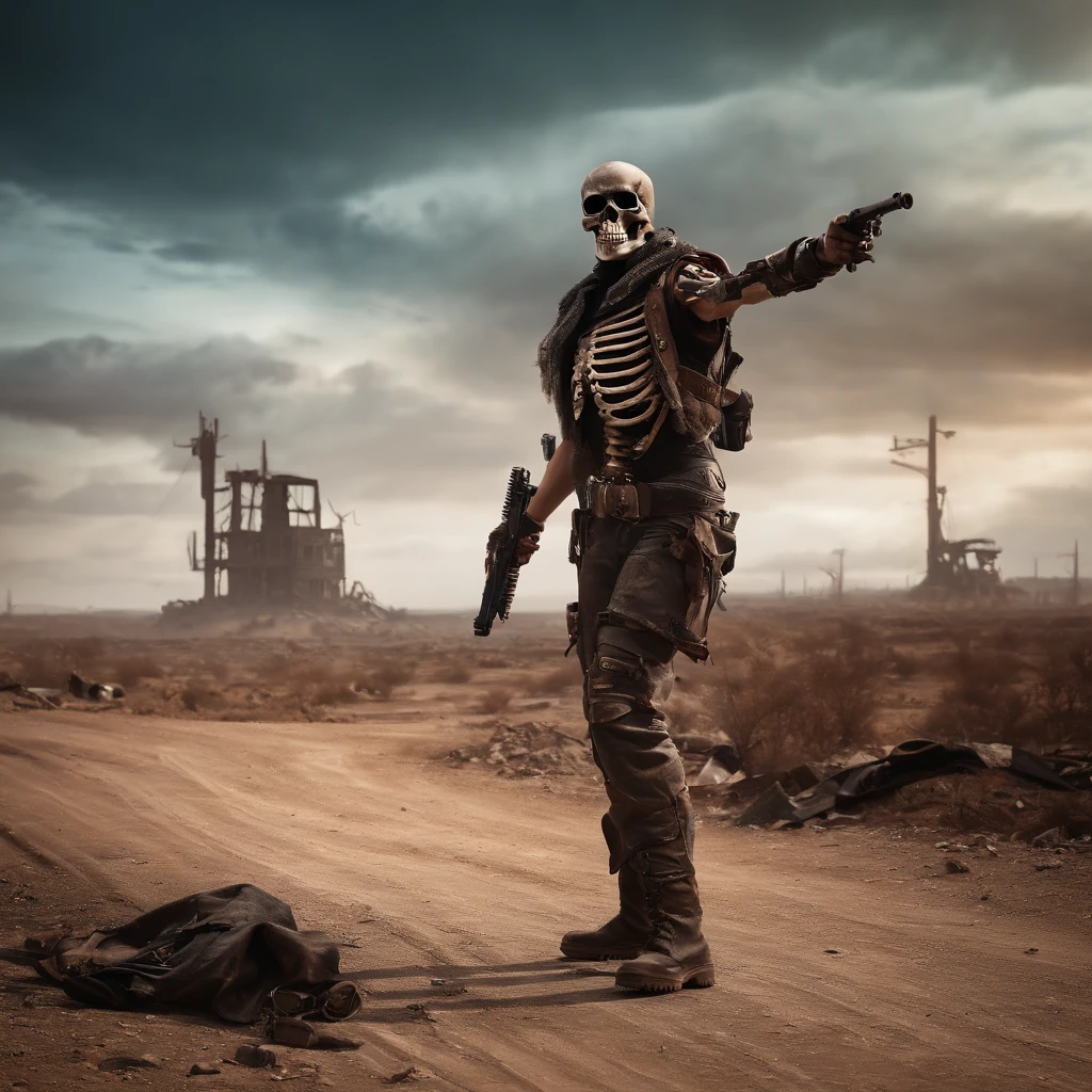 (((Post apocalyptic scenario, Desolate atmosphere, Dystopian landscape))) madmax，Postmodern wasteland punk style，Skeleton Singer