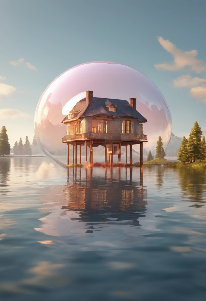In the middle of the lake is a house made of balloon textures，Future pure white background 8k
