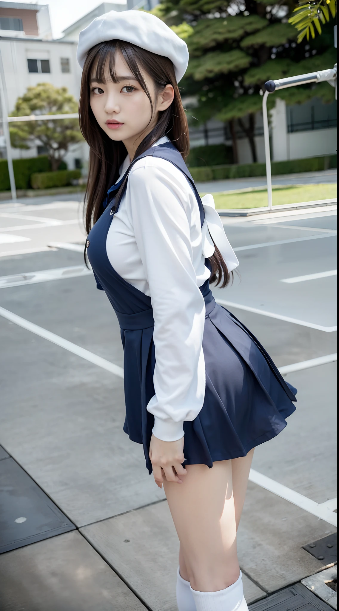 ((top-quality、8K、masterpiece:1.3))、foco nítido:1.2、Beautiful Women in Perfect Style:1.4、Slender Abs:1.2、((dark brown hair、Colossal tits:1.2))、(natural soft light、City Street:1.1)、Highly detailed facial and skin texture、A detailed eye、二重まぶた、Sexy schoolgirl in miniskirt sailor suit、A slight smil、She's turning away、T-back pants can be seen from the miniskirt.