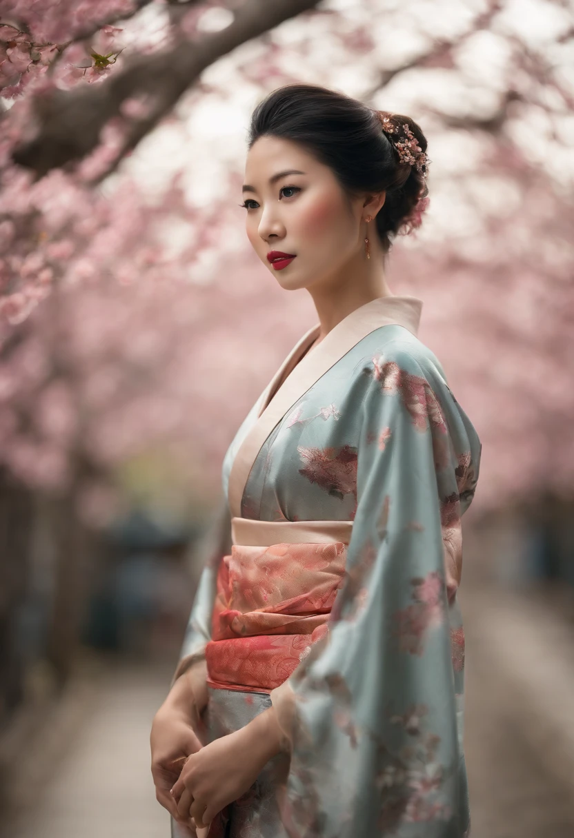 (a) Beautiful Japanese woman, kimono, (large breast:1.1), (best quality:1.2), ultra high-res, (photorealistic:1.37), pressing boobs very hard silky fabric, flowing sleeves, vibrant colors, intricate patterns, traditional obi sash, elegant hair accessories, delicate cherry blossom background, soft natural lighting, serene expression, intense concentration, focused eyes.