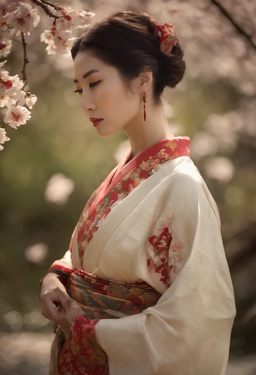 (a) Beautiful Japanese woman, kimono, (large breast:1.1), (best quality:1.2), ultra high-res, (photorealistic:1.37), pressing boobs very hard silky fabric, flowing sleeves, vibrant colors, intricate patterns, traditional obi sash, elegant hair accessories, delicate cherry blossom background, soft natural lighting, serene expression, intense concentration, focused eyes.