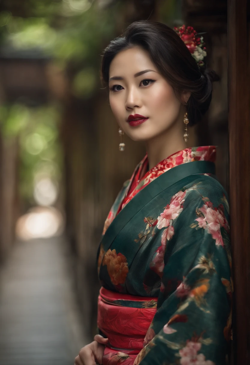 (a) Beautiful Japanese woman, kimono, (large breast:1.1), (best quality:1.2), ultra high-res, (photorealistic:1.37), pressing boobs very hard silky fabric, flowing sleeves, vibrant colors, intricate patterns, traditional obi sash, elegant hair accessories, delicate cherry blossom background, soft natural lighting, serene expression, intense concentration, focused eyes.