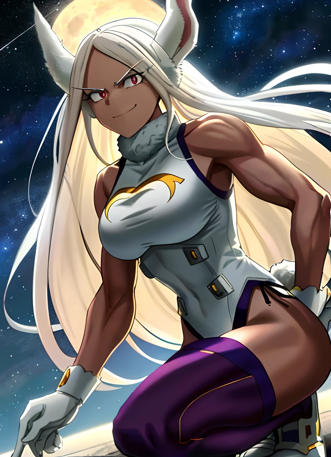[Miruko; Boku no hiro academia], ((masterpiece)), ((solo portrait)), ((High definition)), ((anime)), ((Kohei Horikoshi)), ((detailed shading)), ((beautiful render art)),((cinematic lighting)), {Miruko; (dark skin), maroon eyes, long white hair, long white bunny ears, small fluffy white bunny tail, large boobs), (hero costume), (fluffy collar), (purple thigh-highs), (smug smile), (athletic body), (muscular legs), (defined arm muscles)}, {(squatting), (on top of skyscraper), (looking at viewer), (hand on ground)}, [Background; (starry sky), (full moon), (skyscrapers)]