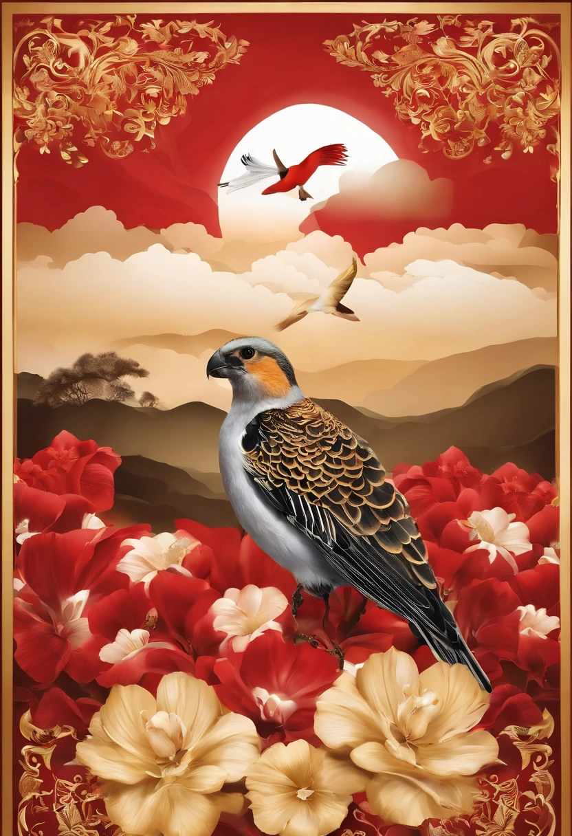 National Day poster,fundo vermelho,Small elements of golden music,The picture is simple,atmospurate,high high quality,Musical elements,Auspicious clouds,Red tone,Complex and beautiful,opulent,Landscapes, birds and flowers