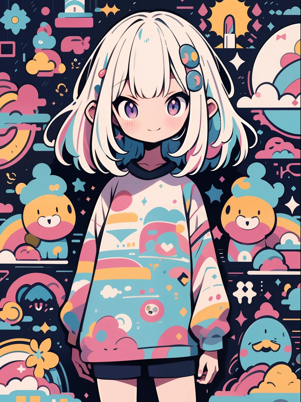 alta qualidade、Paleta de cores colorida、High-level image quality、kawaii menina、Unprecedented number of draws、estilo anime、Geometric pattern background、Posar、estilo de adesivo、cabelos longos、cabelo rosa claro、Purple eyes, broca de cabelo