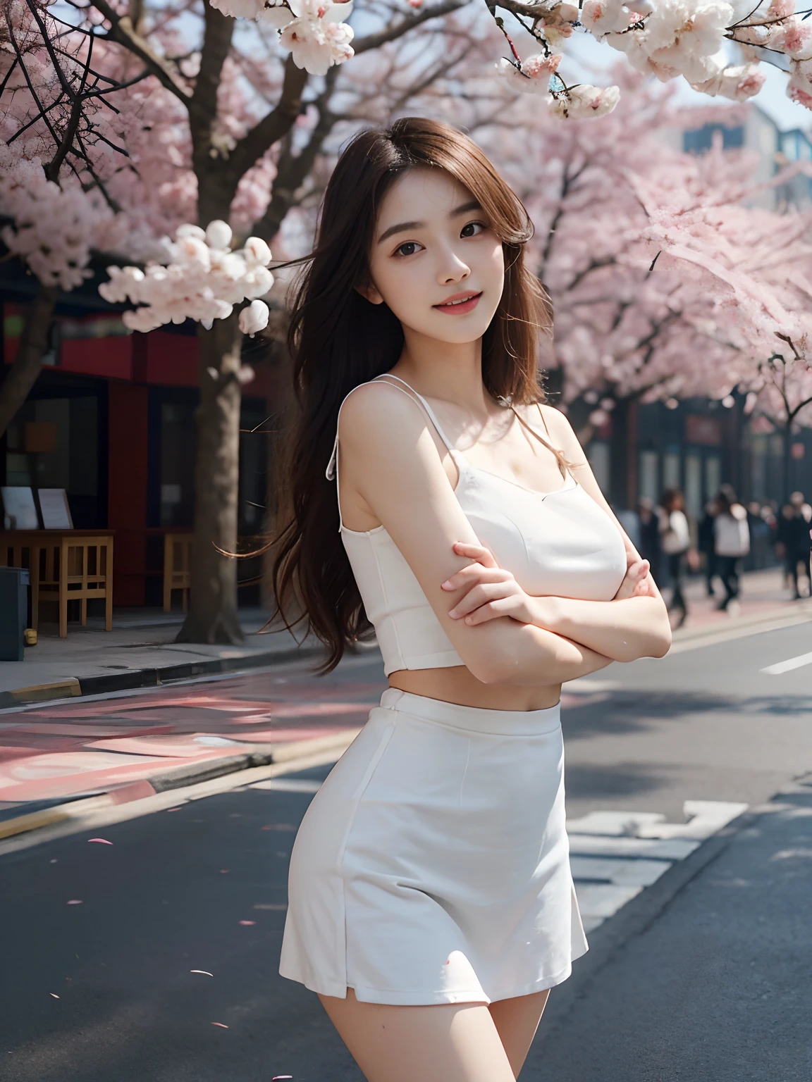 best qualtiy,tmasterpiece,超高分辨率,(真实感:1.4),RAW photogr,1girll,long whitr hair,Face Highlighting,Pure,Girly,Flushing,18yr old,18-year-old smiling female classmate,Pure,Innocent,(best qualtiy,8K,tmasterpiece:1.3),Goose egg face,largeeyes,long eyelasher,Exquisite(live-action realistic style),Star-like eyes,Ultimate face,Photorealistic light and shadow,Clear facial features,Milky white skin,Fair skin, highdetailskin, Realistic skin details, Visible Pore,(Super detail),(perfect bodies:1.1),long whitr hair,(dynamicposes),((Dynamic background((volumettic light:1.3)),huge tit,Sakura blossoms,Short skirt that wraps around the hips,liberta,Dashing,long leges,Shunguang,Street photography