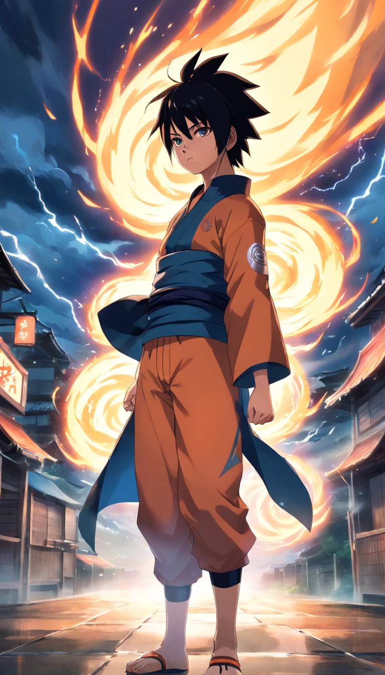 Naruto, nine-tailed fox,illustration,vivid colors,highres,ultra-detailed,studio lighting,masterpiece:1.2,portraits,action-packed,anime,sharp focus,dramatic pose,intense expression,energy effects,battle scene,fiery eyes,whirlwind of leaves,Japanese landscape,blurred background,colorful palette,shading,physically-based rendering,bokeh,intense emotion,epic,ninja spirit,hidden village,hand signs,protective forehead band,iconic outfit,unique hairstyle,thunderstorm,stormy skies,ominous presence,transformation,ferocious power,speed and agility,complex backstory,adventure.