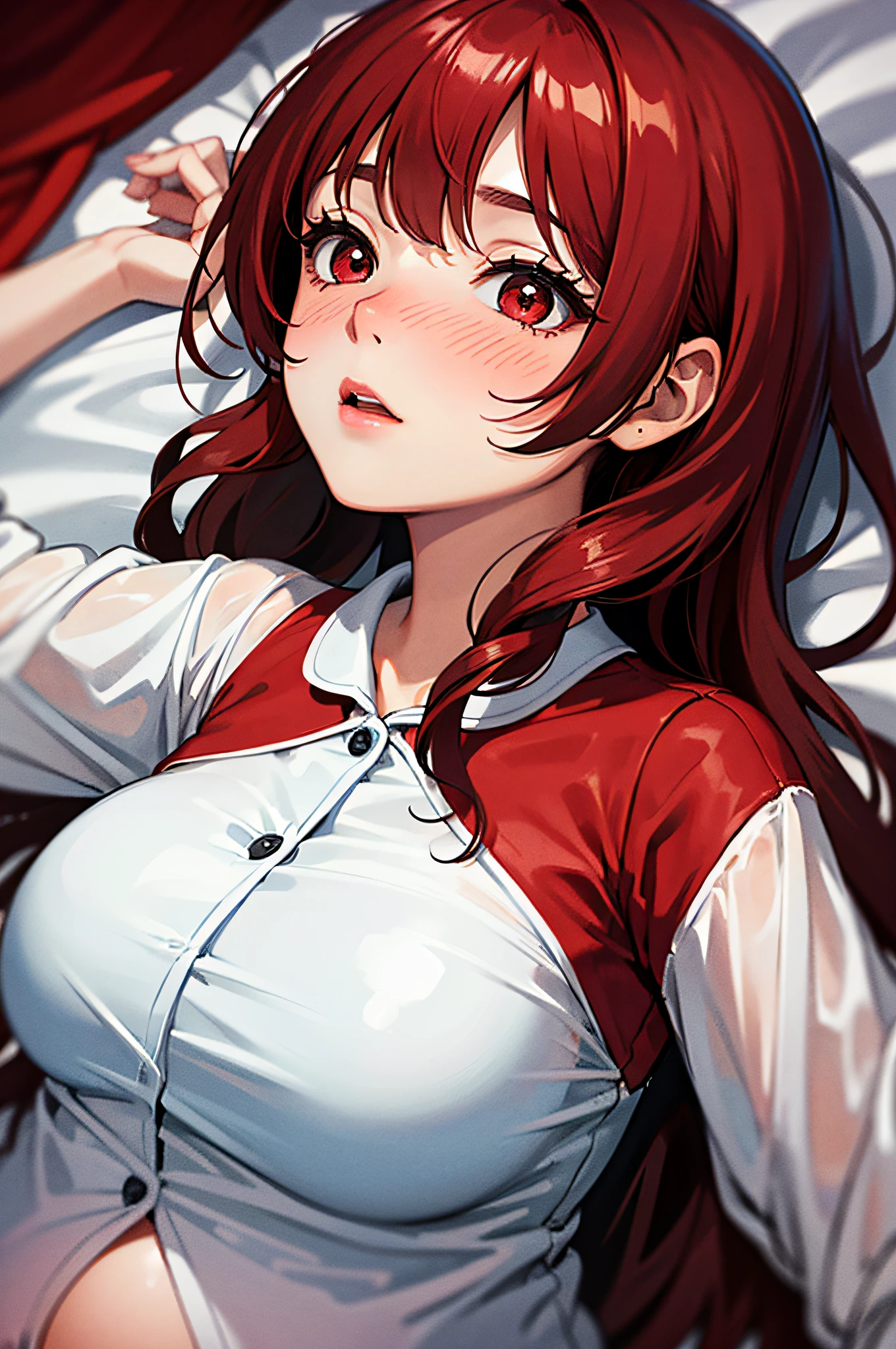cleavage, ,brown hair, red eyes, red fingerless gloves, glowing aura, natural light, masterpiece, brown hair, red eyes,glossy skin, juicy lips ,long hair, cute, kawaii, adorable, adult, big , from above, fishnets, white and pink jacket, tounge out, taking jacket off, ahegao