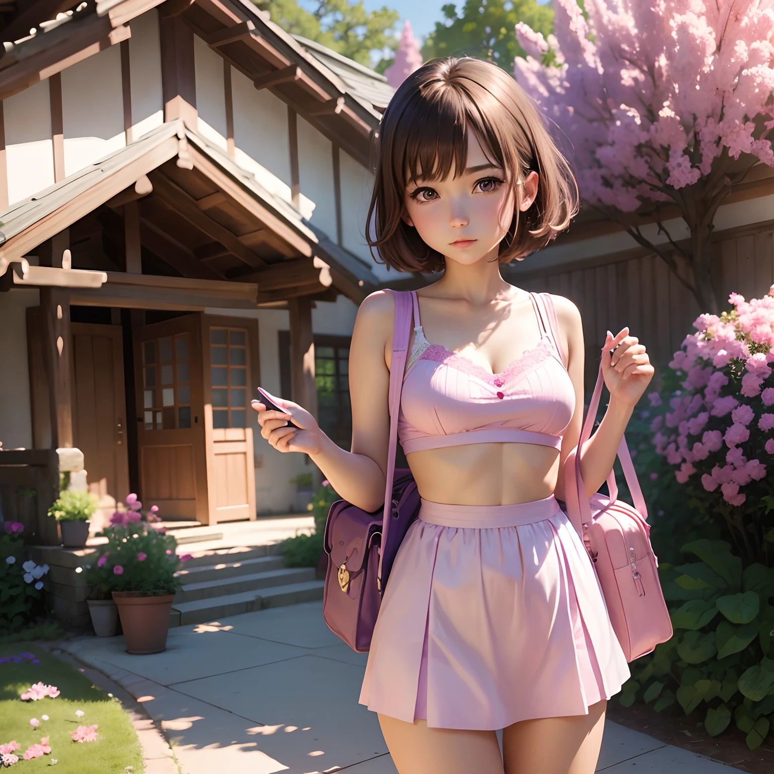 masutepiece, Best Quality, hight resolution, 1girl in, Solo, Brown hair, Short hair, Purple eyes, Mole under the eyes, Cowboy Shot, , tiarra, castle, plein air, garden, Wearing a pink school bag, (a school bag:1.0)。pink bra。pink panty
