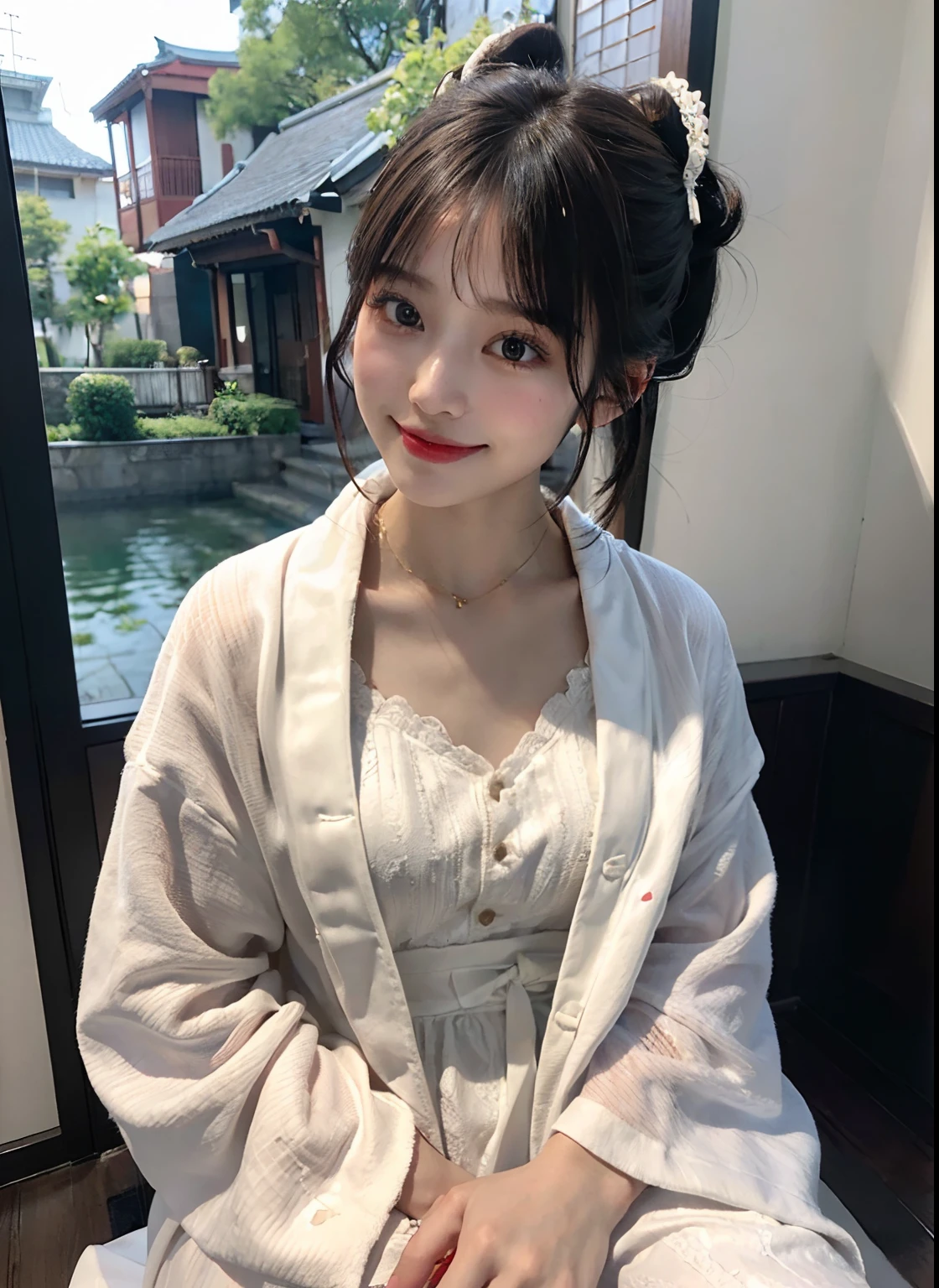 (8K、top-quality、tmasterpiece:1.2)、(hentail realism、hentail realism:1.37)、ultra - detailed、1girl in、Cute Turtle、独奏、Beautiful detail sky、Date、(Nasal redness)、(A smile:1.15)、(Shut up)Medium chest、Beautiful delicate eyes、natta、moisty、professional、White lace、(Medium bob hair:1.2)、Brunette Nova frog style、heartthrob、Japanese bathrobe、full body Esbian、thin and long legs