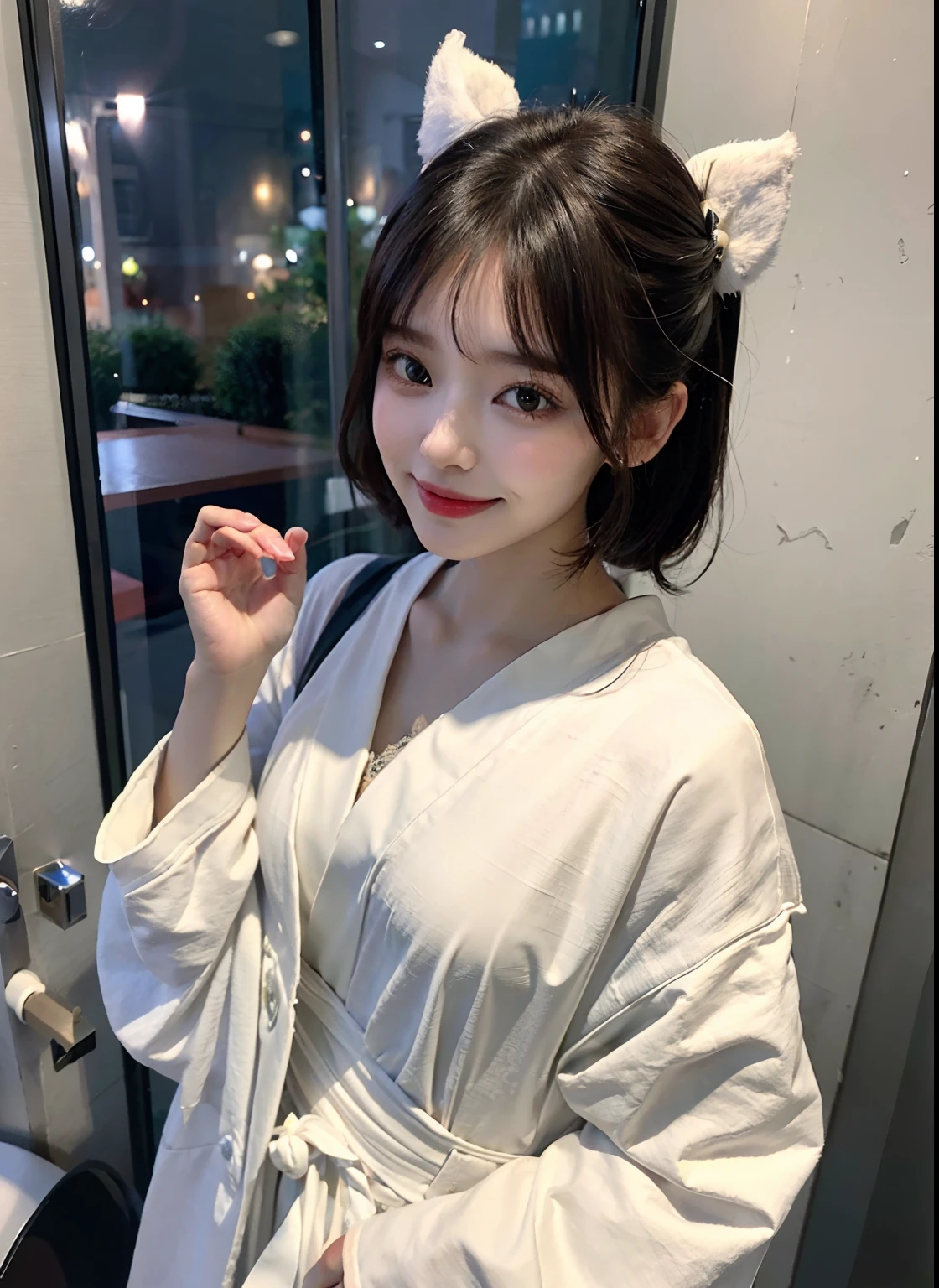(8K、top-quality、tmasterpiece:1.2)、(hentail realism、hentail realism:1.37)、ultra - detailed、1girl in、Cute Baby Turtle、独奏、Beautiful detail sky、Date、(Nasal redness)、(A smile:1.15)、(Shut up)Medium chest、Beautiful delicate eyes、natta、moisty、professional、White lace、(Medium bob hair:1.2)、Brunette Nova frog style、heartthrob、Japanese　bathrobe、full body Esbian、thin and long legs