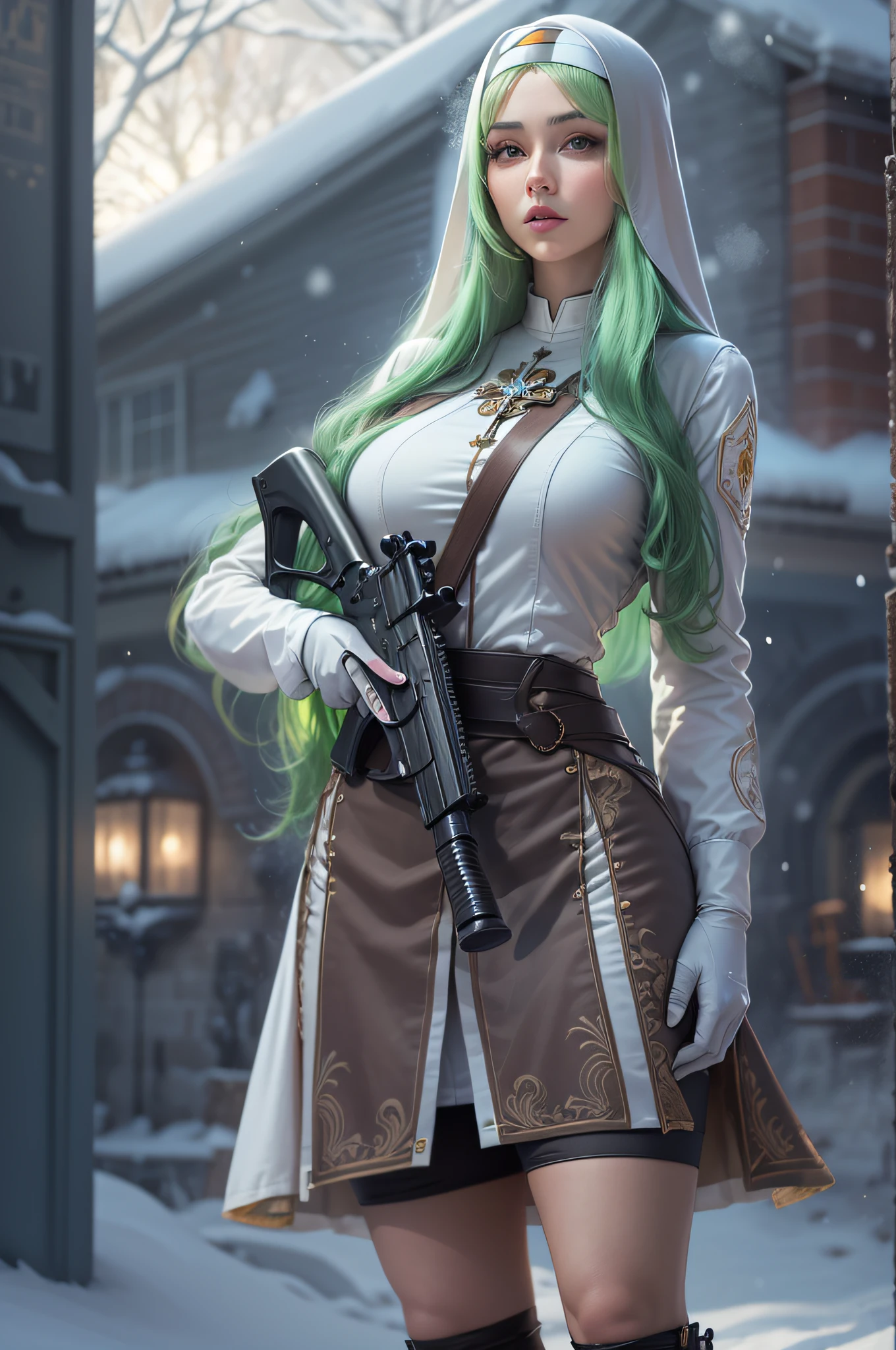 Photorealistic, high resolution, Beautiful tall woman, Solo, Hips up, view the viewer, (Detailed face),Light green color hair, Long hair, Young nun costume, Stockings,Snow background, Girl aiming AK-47 assault rifle