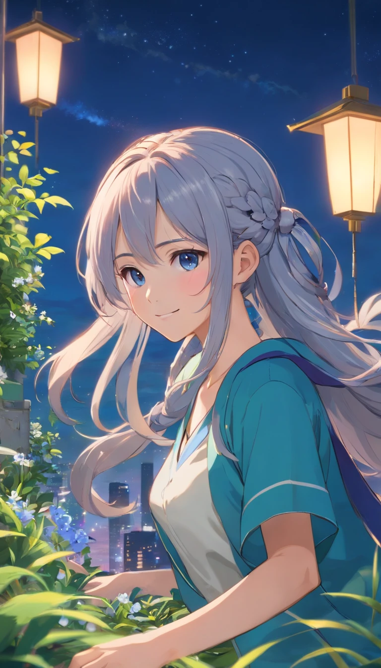 Best quality at best,tmasterpiece,The is very detailed,Face details,8K, detailed back ground,1girll,独奏,Silver hair,eBlue eyes,pigtails,long whitr hair,wavey hair,voluminous hair,pony tails,french braid,Blushlush,ssmile,Shawl,Chinese city,Chinese service,the night,themoon,scenecy,high place,horizon,ventania,wind blown,flowerbed,looking at viewert