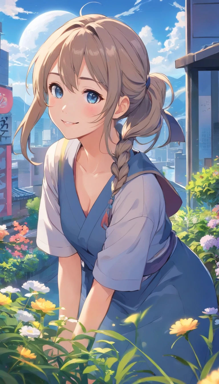 Best quality at best,tmasterpiece,The is very detailed,Face details,8K, detailed back ground,1girll,独奏,Silver hair,eBlue eyes,pigtails,long whitr hair,wavey hair,voluminous hair,pony tails,french braid,Blushlush,ssmile,Shawl,Chinese city,Chinese service,the night,themoon,scenecy,high place,horizon,ventania,wind blown,flowerbed,looking at viewert