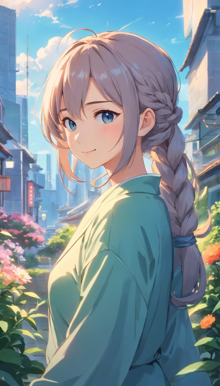 Best quality at best，tmasterpiece，The is very detailed，Face details，8K, detailed back ground，1girll，独奏，Silver hair，eBlue eyes，pigtails，long whitr hair，wavey hair，voluminous hair，pony tails，french braid，Blushlush，ssmile，Shawl，Chinese city，Chinese service，the night，themoon，scenecy，high place，horizon，ventania，wind blown，flowerbed，looking at viewert