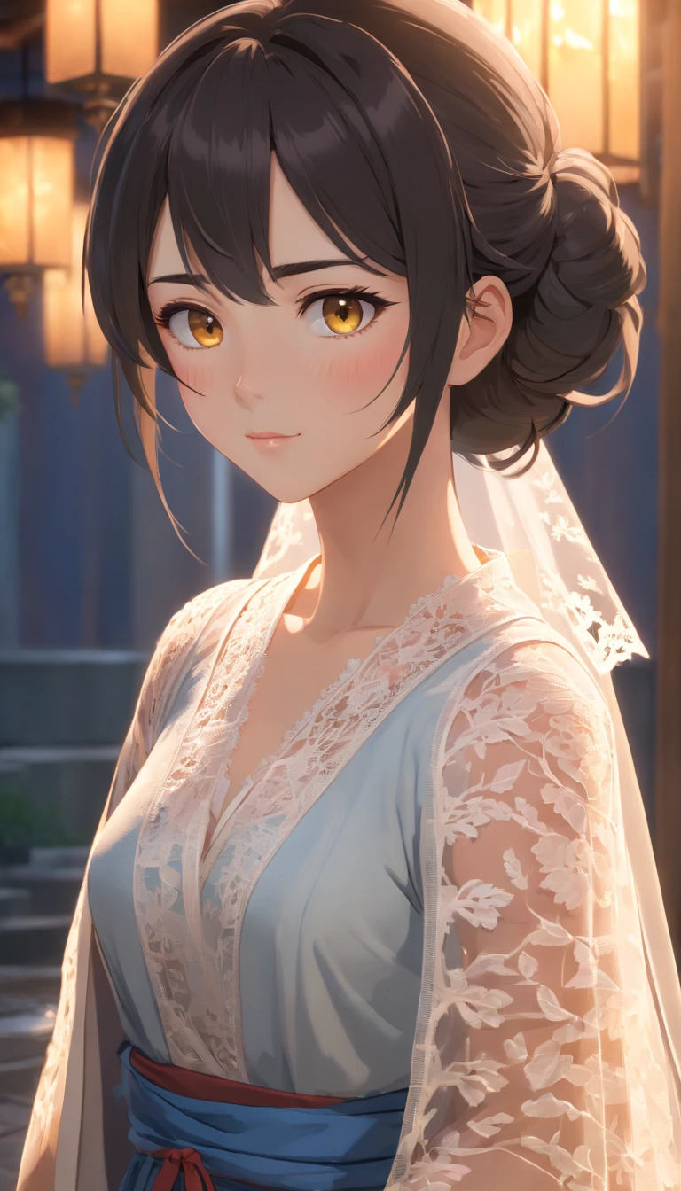 Master Parts, top-quality, 1girl in, Full body only, (natural skin textures, realistic eyes and face details:1. 5), (murky:1. 4), deep-shadows, Very detailed and beautiful girl, Eyes and faces with detailed, Piercing Yellow Eye, Red Lipstick, No black eyeliner, red clothing, poneyTail, A dark-haired, Nikon D850 Film, A hyper-realistic, Actual textures, Dramatic, illuminating, Unreal Engine, (Facial transparency:1. 5), (transparent clothe:1. 1) Medieval princess style, White lace