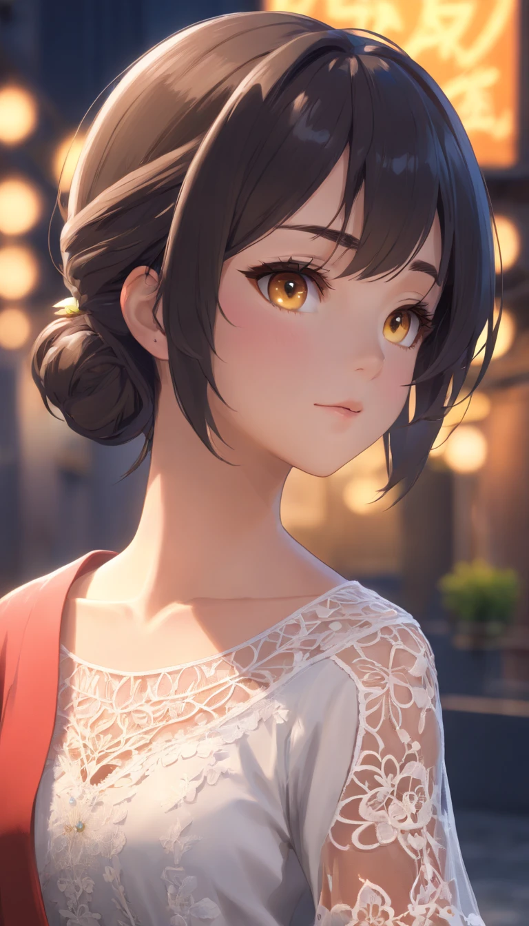 Master Parts, top-quality, 1girl in, Full body only, (natural skin textures, realistic eyes and face details:1. 5), (murky:1. 4), deep-shadows, Very detailed and beautiful girl, Eyes and faces with detailed, Piercing Yellow Eye, Red Lipstick, No black eyeliner, red clothing, poneyTail, A dark-haired, Nikon D850 Film, A hyper-realistic, Actual textures, Dramatic, illuminating, Unreal Engine, (Facial transparency:1. 5), (transparent clothe:1. 1) Medieval princess style, White lace