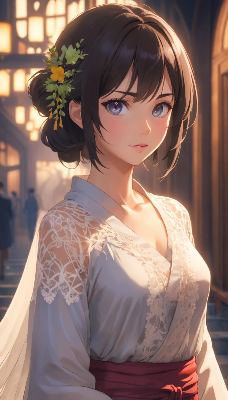Master Parts, top-quality, 1girl in, Full body only, (natural skin textures, realistic eyes and face details:1. 5), (murky:1. 4), deep-shadows, Very detailed and beautiful girl, Eyes and faces with detailed, Piercing Yellow Eye, Red Lipstick, No black eyeliner, red clothing, poneyTail, A dark-haired, Nikon D850 Film, A hyper-realistic, Actual textures, Dramatic, illuminating, Unreal Engine, (Facial transparency:1. 5), (transparent clothe:1. 1) Medieval princess style, White lace