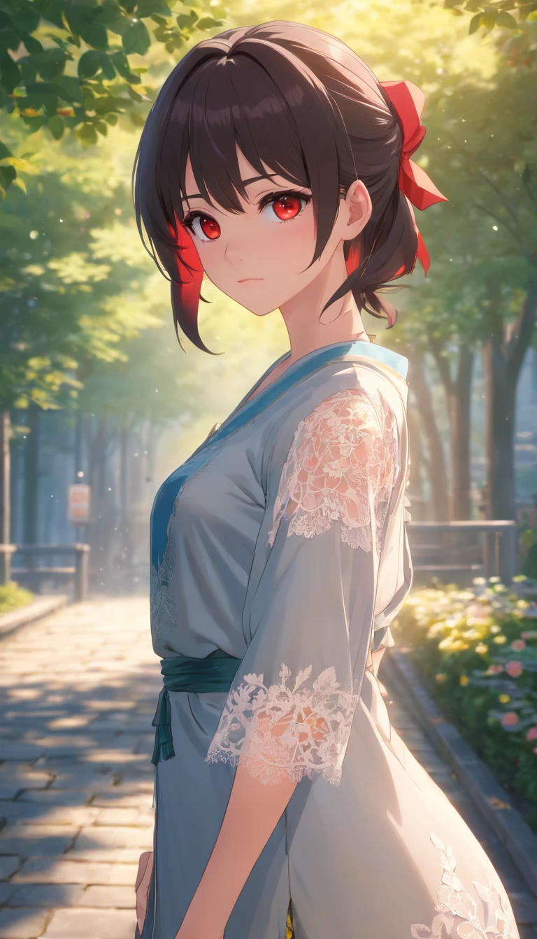 Red eyes、Master Parts, top-quality, 1girl in, Full body only, (natural skin textures, realistic eyes and face details:1. 5), (murky:1. 4), deep-shadows, Very detailed and beautiful girl, Eyes and faces with detailed, Piercing Yellow Eye, Red Lipstick, No black eyeliner, red clothing, poneyTail, A dark-haired, Nikon D850 Film, A hyper-realistic, Actual textures, Dramatic, illuminating, Unreal Engine, (Facial transparency:1. 5), (transparent clothe:1. 1) Medieval princess style, White lace
