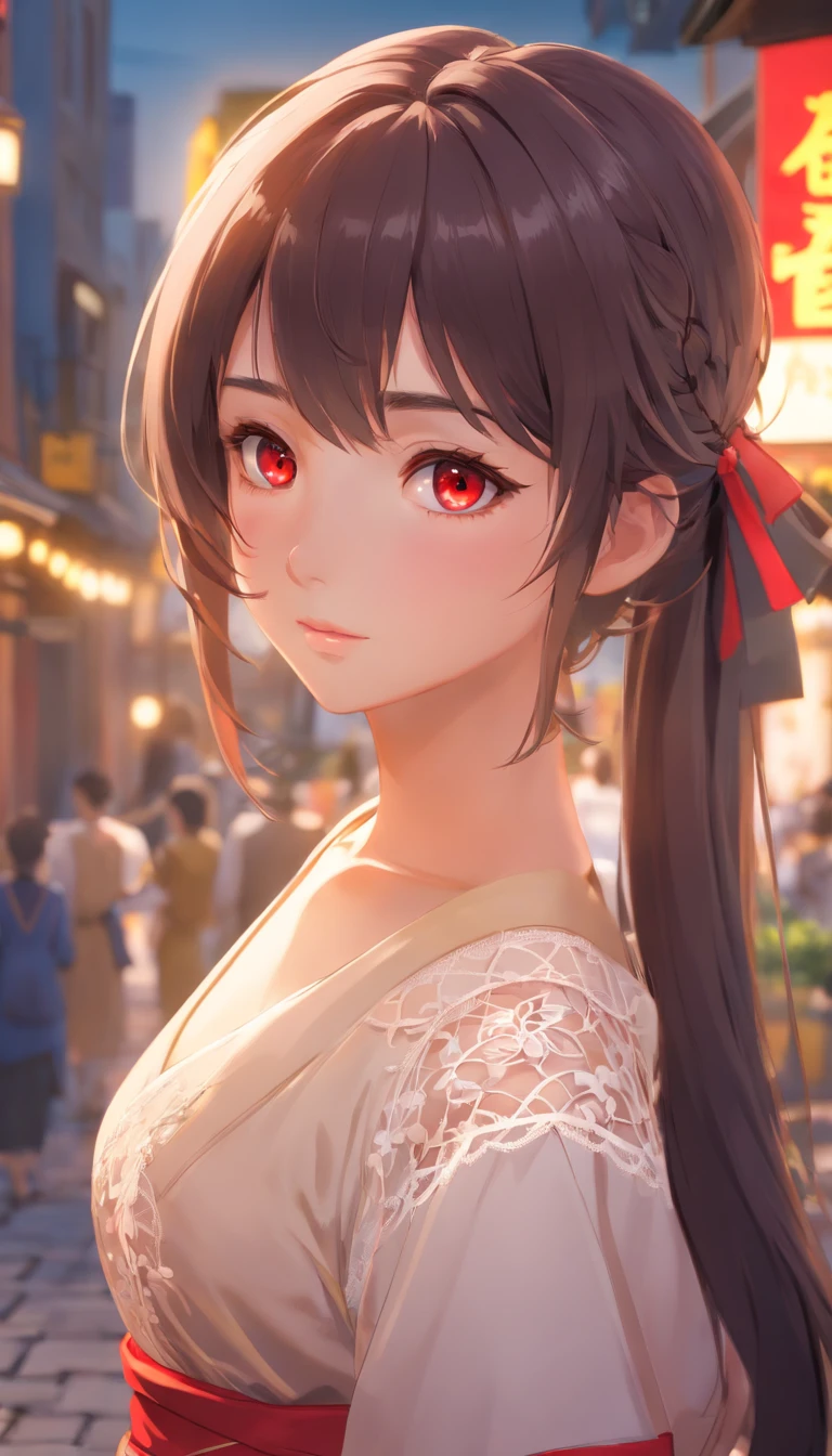 Red eyes、Master Parts, top-quality, 1girl in, Full body only, (natural skin textures, realistic eyes and face details:1. 5), (murky:1. 4), deep-shadows, Very detailed and beautiful girl, Eyes and faces with detailed, Piercing Yellow Eye, Red Lipstick, No black eyeliner, red clothing, poneyTail, A dark-haired, Nikon D850 Film, A hyper-realistic, Actual textures, Dramatic, illuminating, Unreal Engine, (Facial transparency:1. 5), (transparent clothe:1. 1) Medieval princess style, White lace