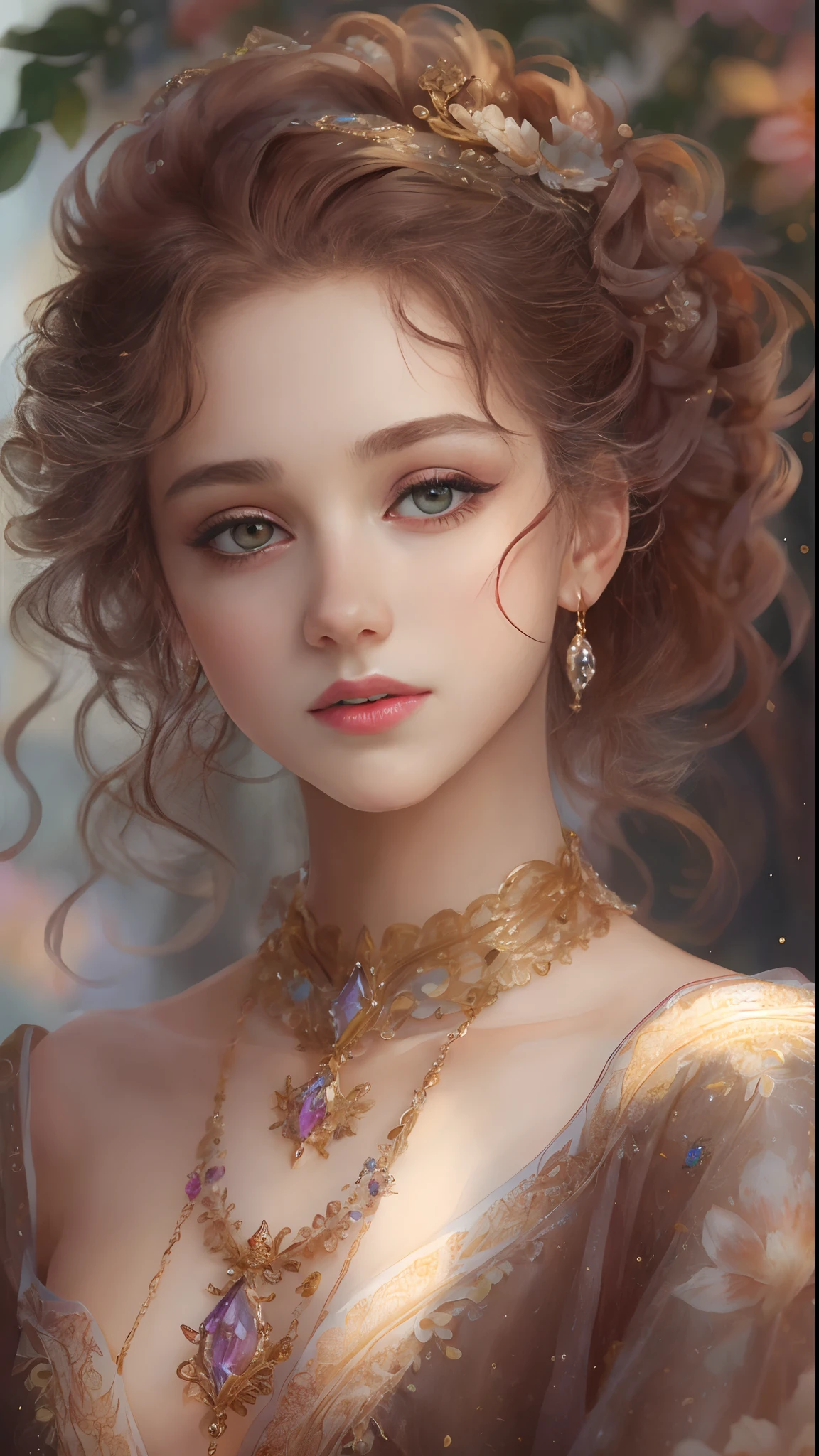 (Best quality, 4K, 8K, A high resolution, Masterpiece:1.2), Ultra-detailed, Realistic portrait of an 18 year old aristocratic girl, Exquisite facial features，Long brown curly hair details expressed, The posture is leisurely and natural，Graceful posture, Dreamy atmosphere, expressive brush strokes, mystical ambiance, Artistic interpretation,Delicately coiled hair，Floral jewelry with exquisite details, Crystal diamond jewelry，Small fresh aesthetics，Stunning intricate costumes, Fantasy illustration, Subtle colors and tones, mystical aura,The details have been upgraded