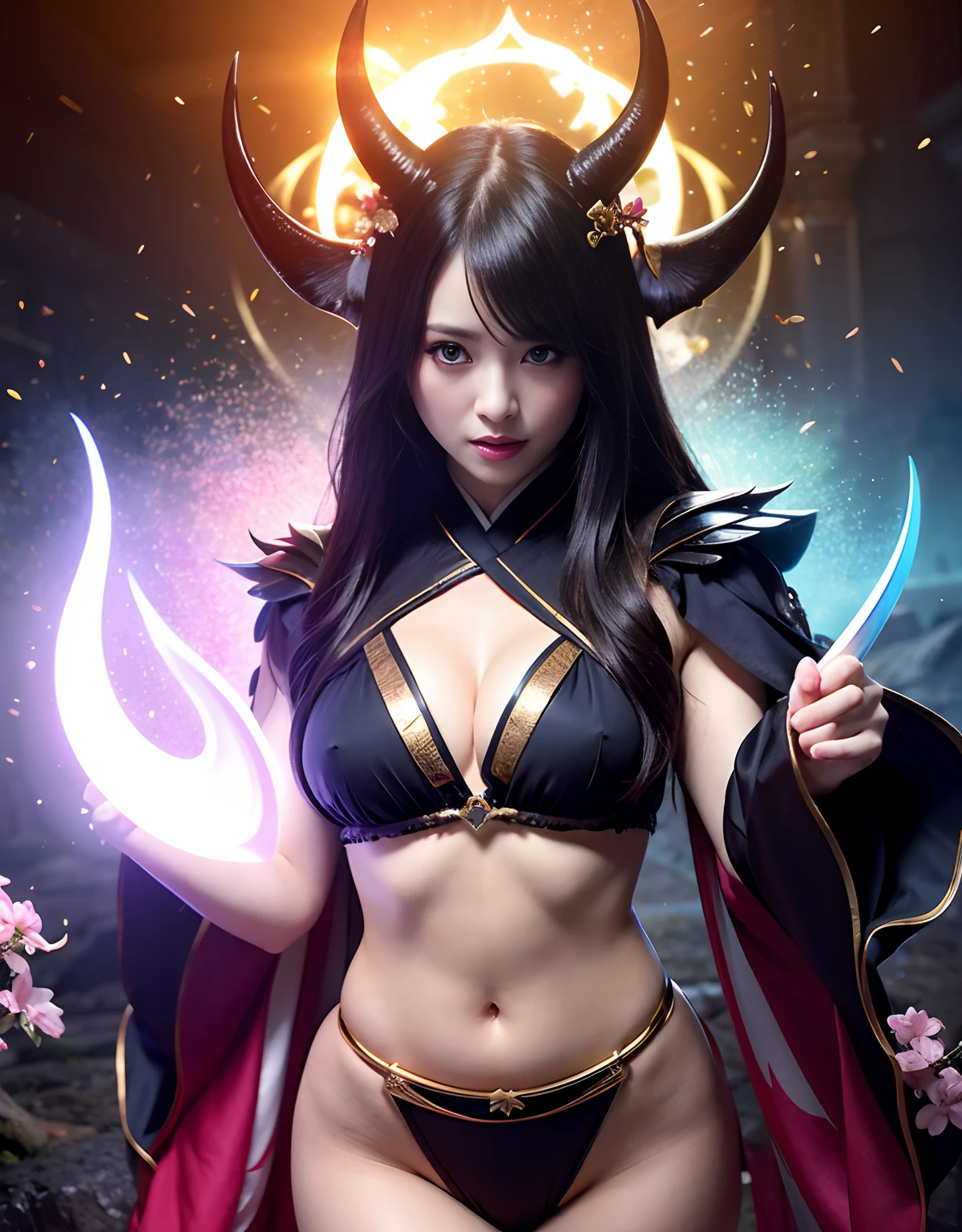 ((World of Darkness)),Professional , ​masterpiece、top-quality、photos realistic , depth of fields 、（sexypose）、(Background of cherry blossoms in full bloom),（Ultimate Beauty）、A dark-haired、（White bikini armor)、（Kimono with beautiful pattern）、（Night background）、（（a dark night））,(Wear a beautiful kimono),（Wear a beautiful kimono with colorful floral patterns）、Jewel Gold Weapon、Particles of light),（Has a devil's mask）、Gorgeous gold weapons ,（（ Gorgeous Dragon Sword）） , （a dark night）,,（maikurobikini） 、（（Black Haired Beautiful Girl））、（Castle background）、（demonic wings）、（（Gangle's forest background））、Beautiful Caucasian beauty、１a person、dynamic ungle,(((Two devil's horns on the head)))、Smaller head、Idle Smile、Thin and beautiful female hands、Mystical expression、Light Effects、intense fighting、Wind-effect、magic circles、With the legendary magic wand、Dragon's tail、Anatomically correct fingers、