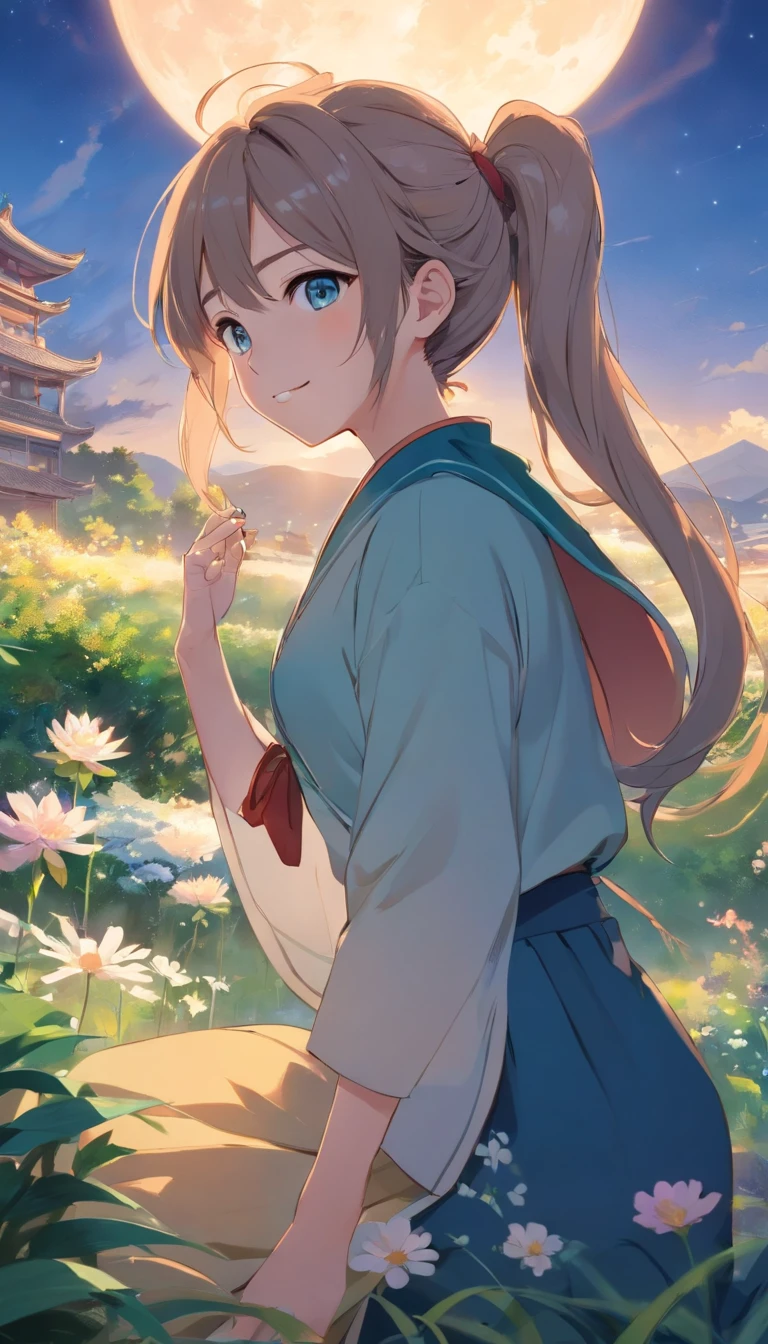 Best quality at best,tmasterpiece,The is very detailed,Face details,8K, detailed back ground,1girll,独奏,Silver hair,eBlue eyes,pigtails,long whitr hair,wavey hair,voluminous hair,pony tails,french braid,Blushlush,ssmile,Shawl,Chinese city,Chinese service,the night,themoon,scenecy,high place,horizon,ventania,wind blown,flowerbed,looking at viewert