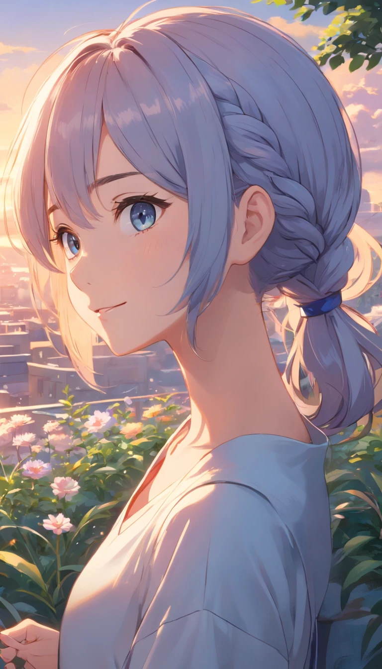 Best quality at best,tmasterpiece,The is very detailed,Face details,8K, detailed back ground,1girll,独奏,Silver hair,eBlue eyes,pigtails,long whitr hair,wavey hair,voluminous hair,pony tails,french braid,Blushlush,ssmile,Shawl,Chinese city,Chinese service,the night,themoon,scenecy,high place,horizon,ventania,wind blown,flowerbed,looking at viewert