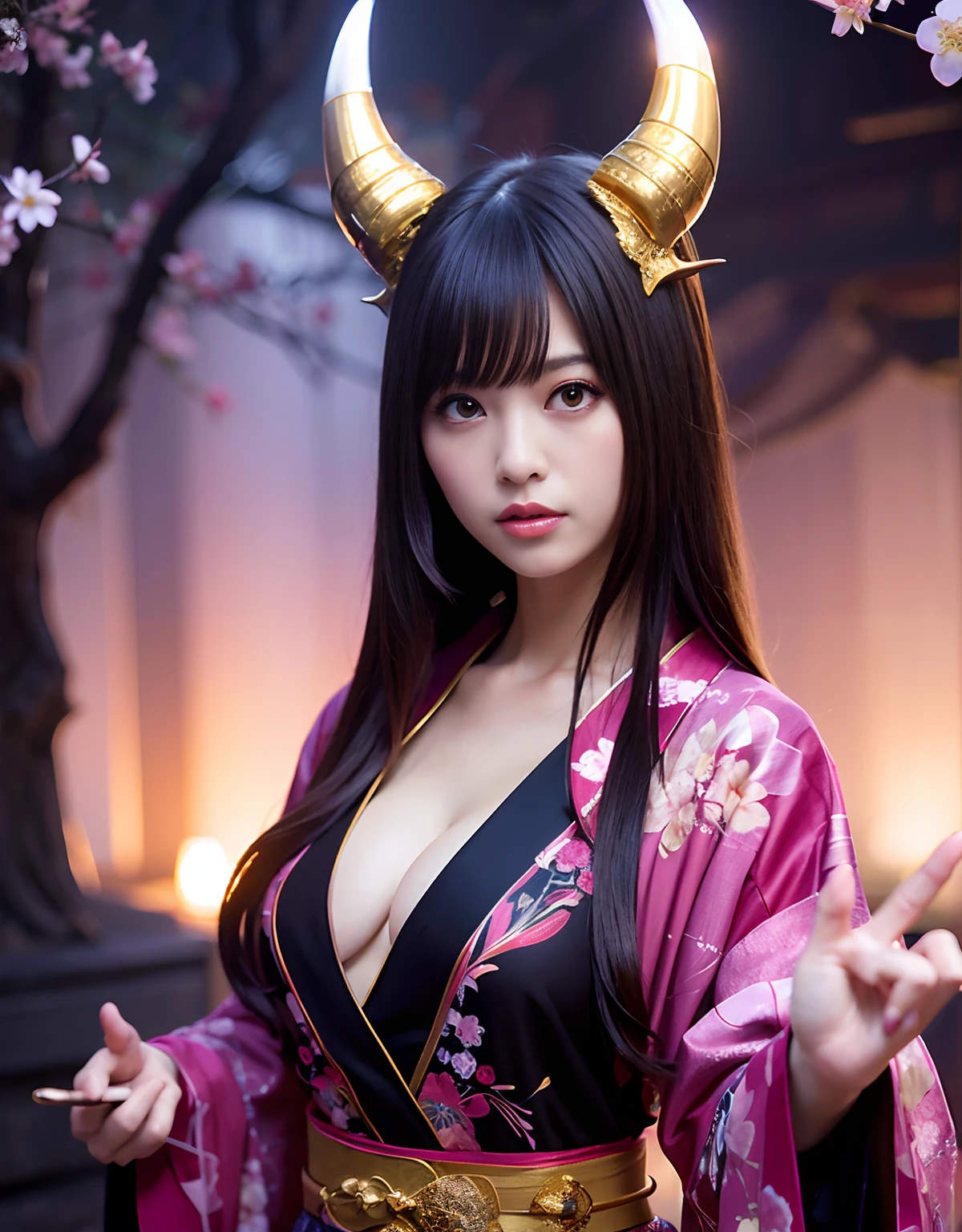 ((World of Darkness)),Professional , ​masterpiece、top-quality、photos realistic , depth of fields 、（sexypose）、(Background of cherry blossoms in full bloom),（Ultimate Beauty）、A dark-haired、（White bikini armor)、（Kimono with beautiful pattern）、（Night background）、（（a dark night））,(Wear a beautiful kimono),（Wear a beautiful kimono with colorful floral patterns）、Jewel Gold Weapon、Particles of light),（Has a devil's mask）、Gorgeous gold weapons ,（（ Gorgeous Dragon Sword）） , （a dark night）,,（maikurobikini） 、（（Black Haired Beautiful Girl））、（Castle background）、（demonic wings）、（（Gangle's forest background））、Beautiful Caucasian beauty、１a person、dynamic ungle,(((Two devil's horns on the head)))、Smaller head、Idle Smile、Thin and beautiful female hands、Mystical expression、Light Effects、intense fighting、Wind-effect、magic circles、With the legendary magic wand、Dragon's tail、Anatomically correct fingers、